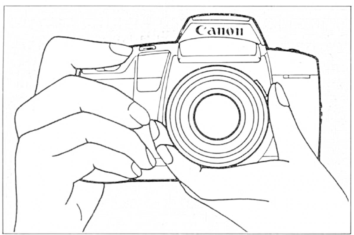 Раскраска Фотоаппарат с маркировкой Canon, удерживаемый обеими руками