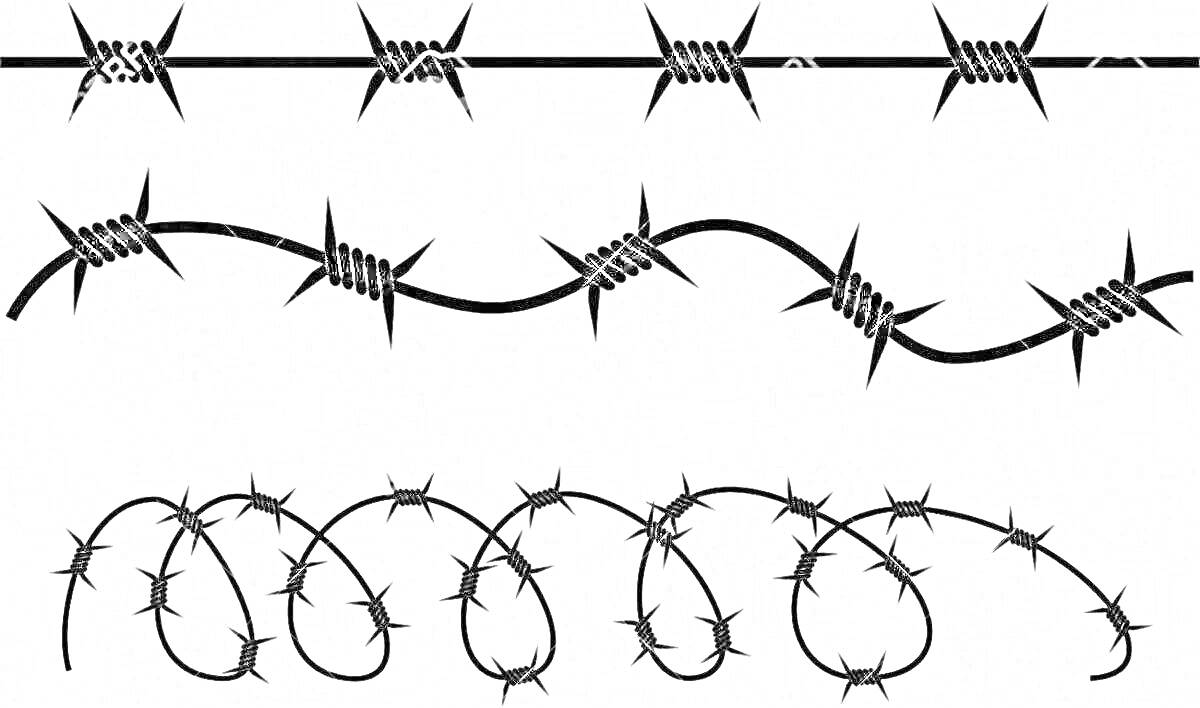 Раскраска Прямой, волнистый и спиральный участки из колючей проволоки