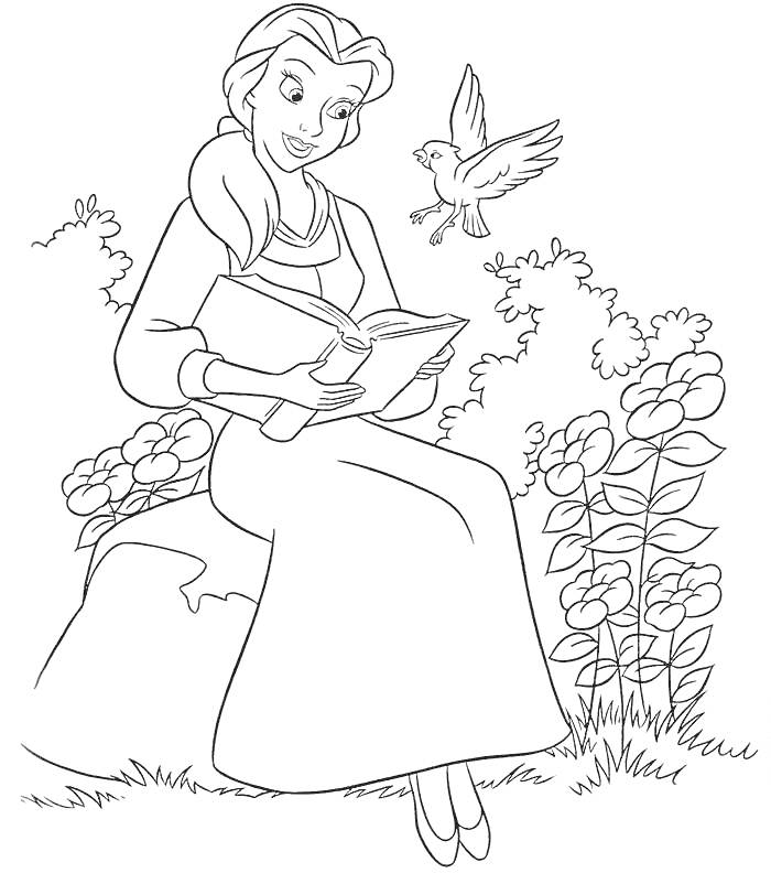 Раскраска Девушка с книгой, сидящая на камне, птица, кусты и цветы на фоне