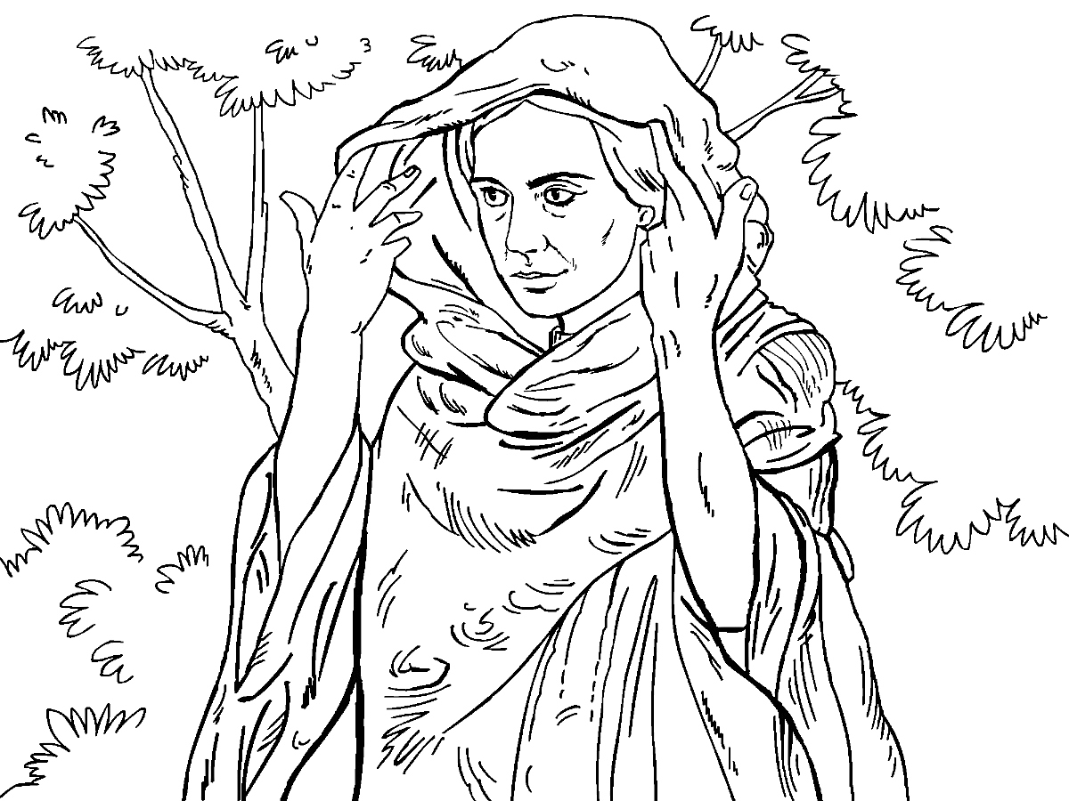 Раскраска Женщина в плаще на фоне деревьев