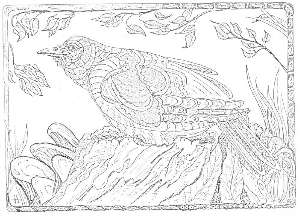 На раскраске изображено: Кукушка, Птица, Листья, Природа, Контурные линии