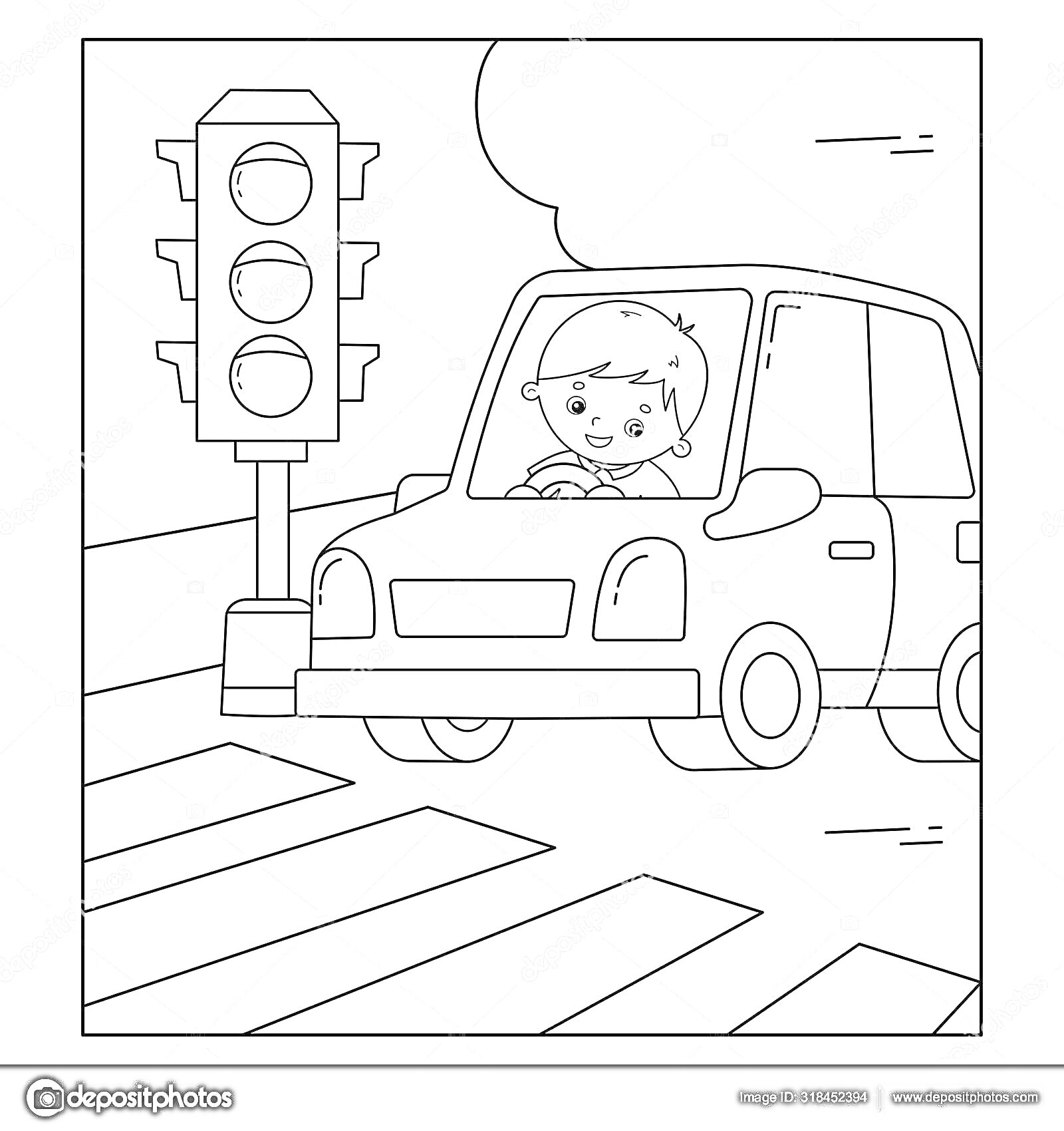 На раскраске изображено: Транспорт, Ребенок, Пешеходный переход, Светофор, Безопасность на дороге, Пдд, Средняя группа