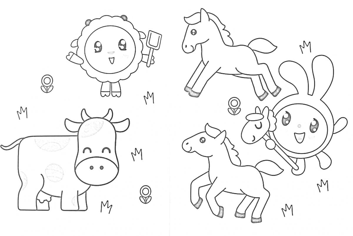 На раскраске изображено: Кролик, Лошадь, Корова, Цветы, Малышарики, Для детей, Баран, Трава