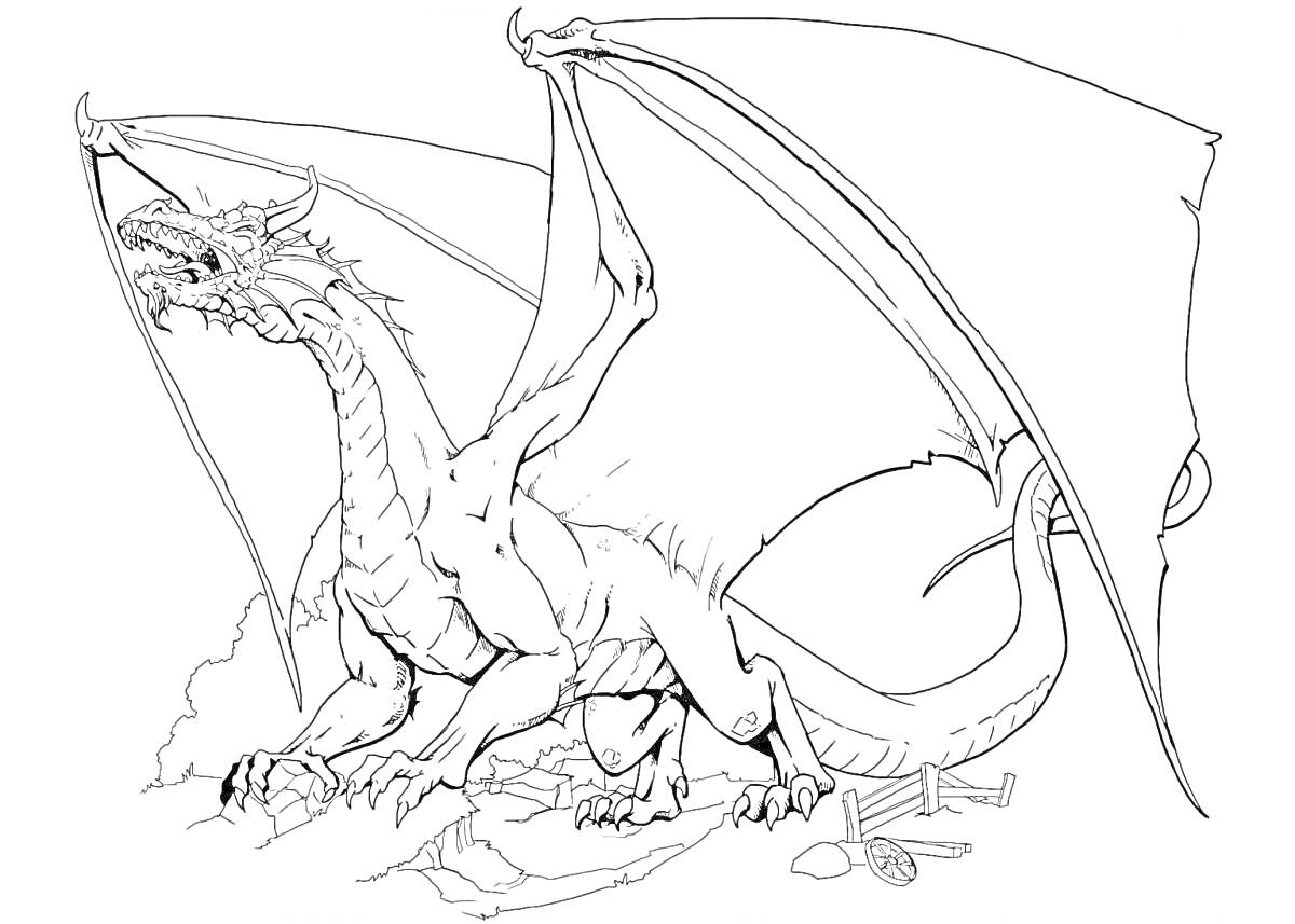 На раскраске изображено: Дракон, Крылья, Скалы, Когти, Кости, Фэнтези