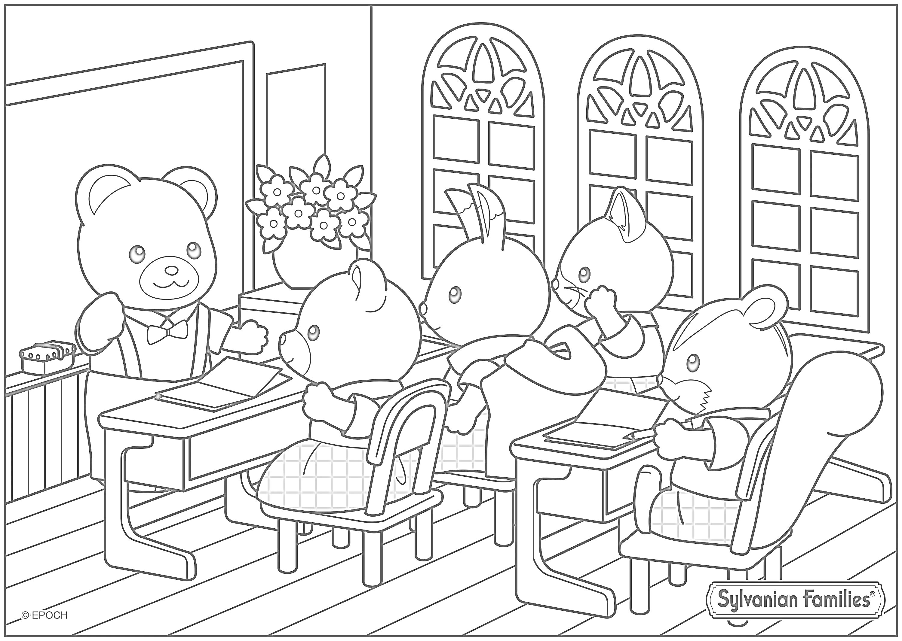 На раскраске изображено: Сильваниан Фэмилиес, Классная комната, Учитель, Ученики, Парты, Окна, Цветы, Медведь, Мышь