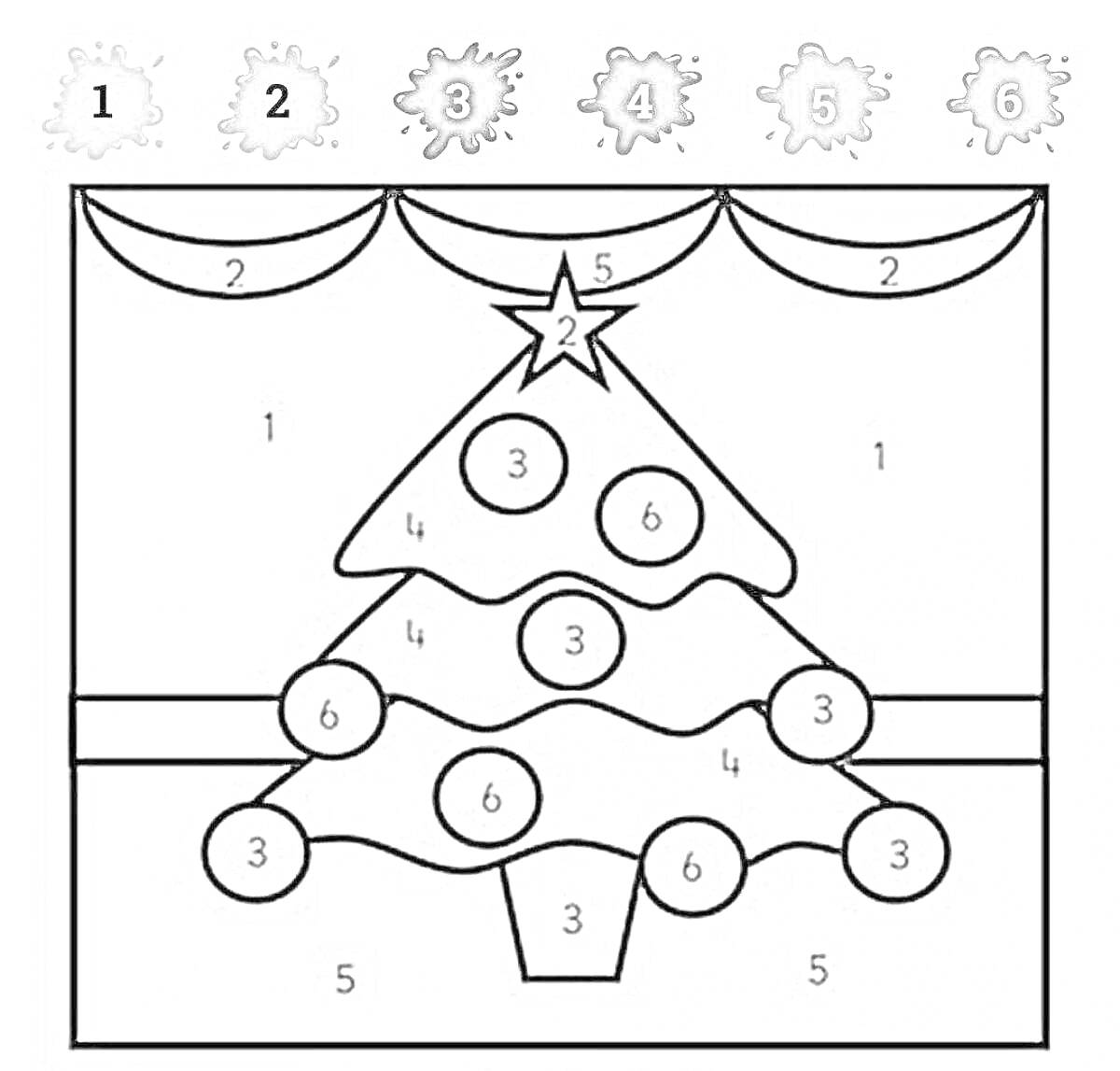 На раскраске изображено: Математика, Зима, Новогодняя елка, Гирлянда, Цифры, Для детей, Звезды, Елочный шар, Развивающие игры
