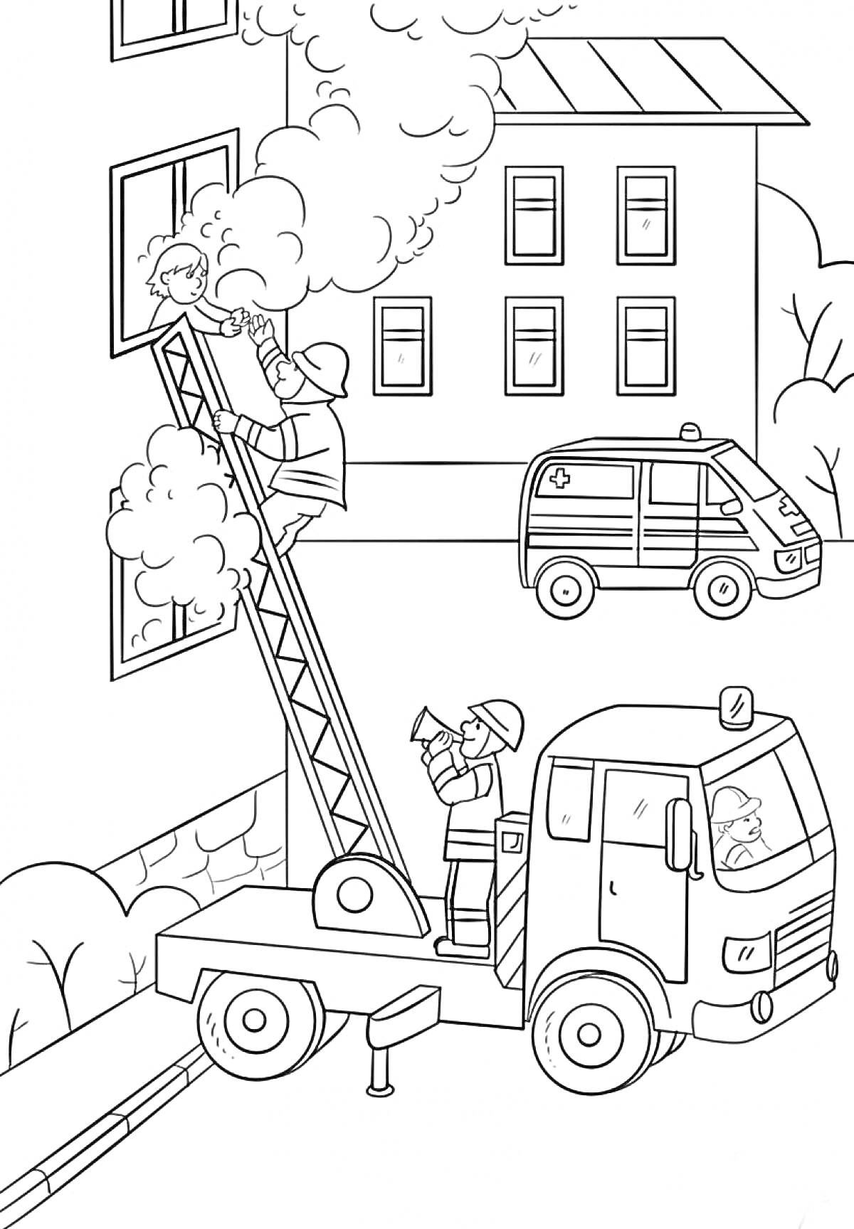 На раскраске изображено: Пожарная безопасность, Пожарные, Пожарная машина, Лестница, Дым, Полицейская машина, Эвакуация, Окна