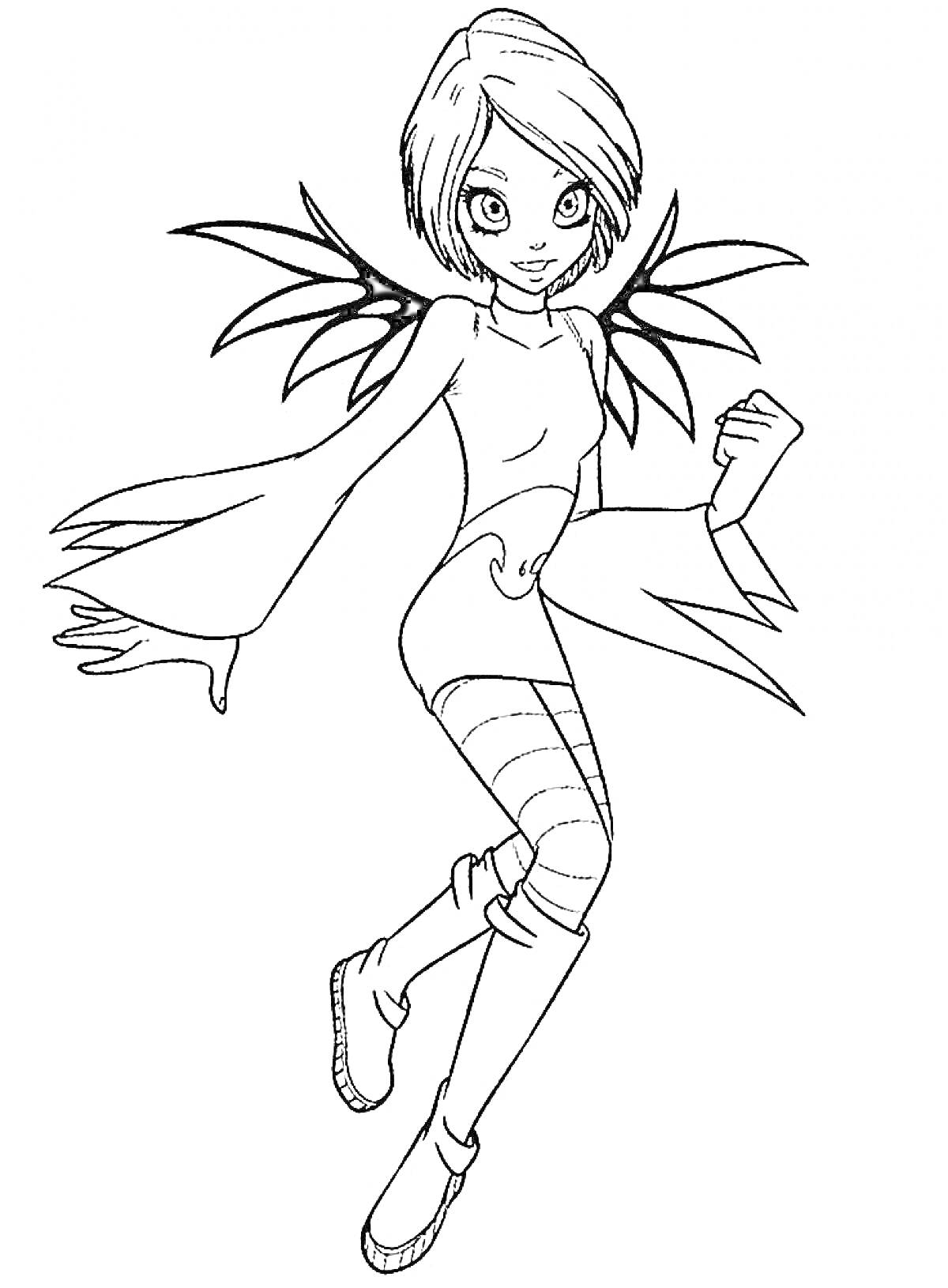 Раскраска Юная чародейка с короткими волосами, крыльями и в высоких сапогах