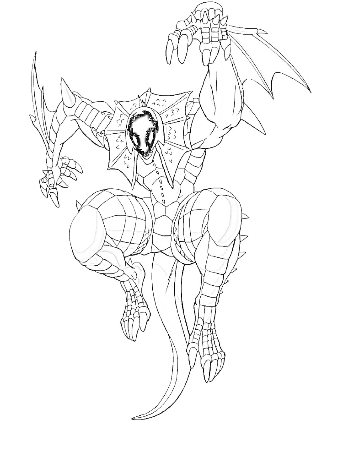Раскраска Бакуган с драконьем хвостом и крыльями, бронированное тело с шипами, один коготь в поднятой руке, когтистые ноги, черное лицо в маске