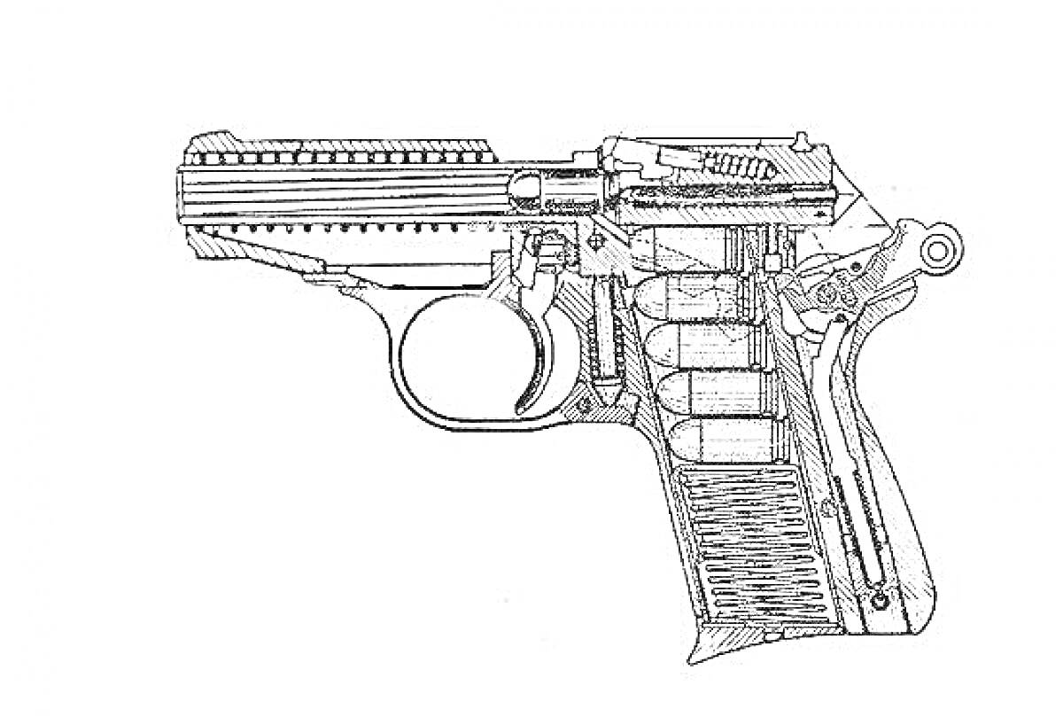 Раскраска Схематическое изображение пистолета Макарова с прорезями, показывающими внутренние механизмы, включая гильзу, курок и магазин.