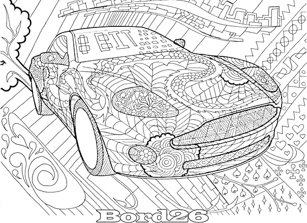 Раскраска Спортивный автомобиль, украшенный растительными и геометрическими узорами на фоне урбанистического пейзажа и декоративных элементов
