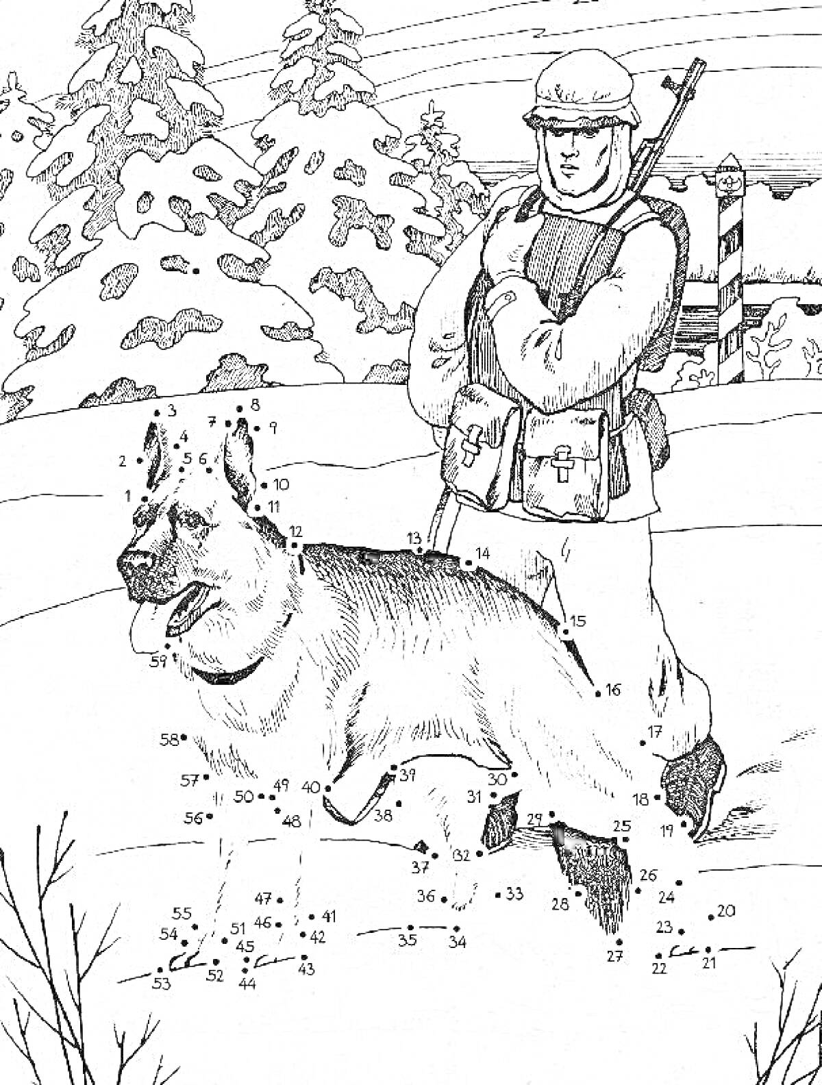 Раскраска Пограничник с автоматом и овчаркой на посту зимой в лесу, на заднем плане пограничный столб