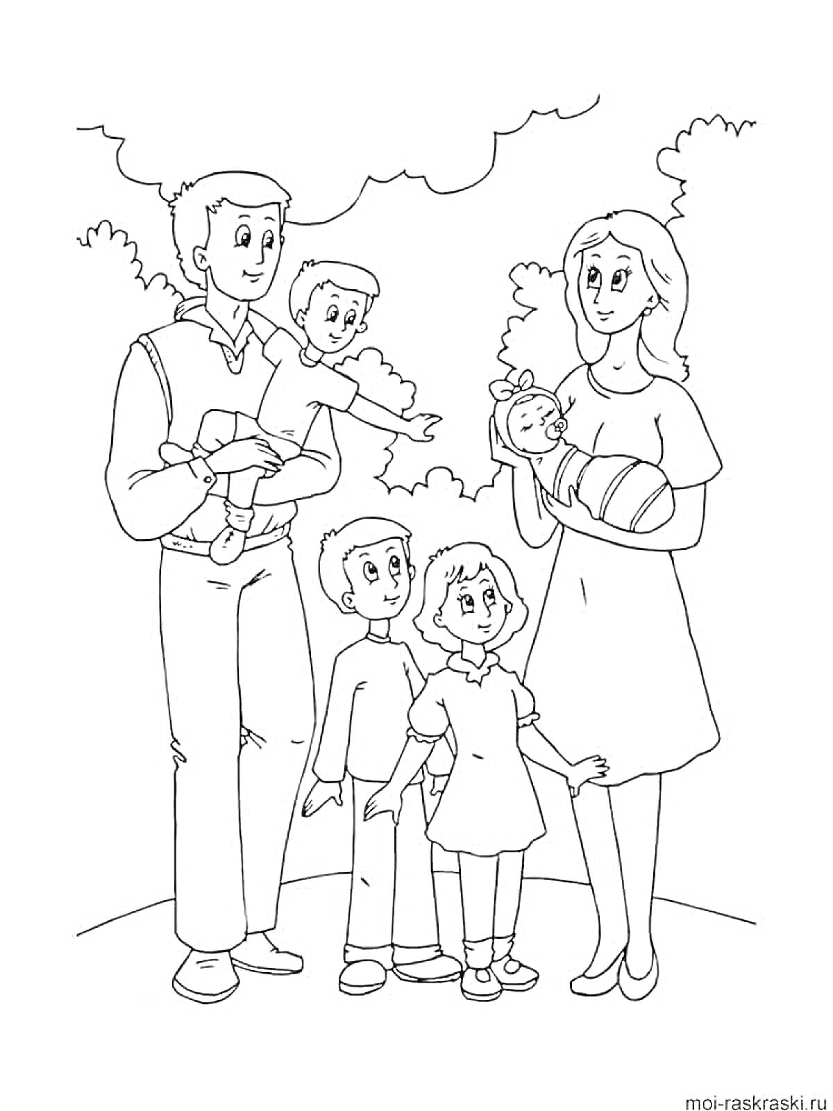 Раскраска Семья с родителями и четырьмя детьми на прогулке