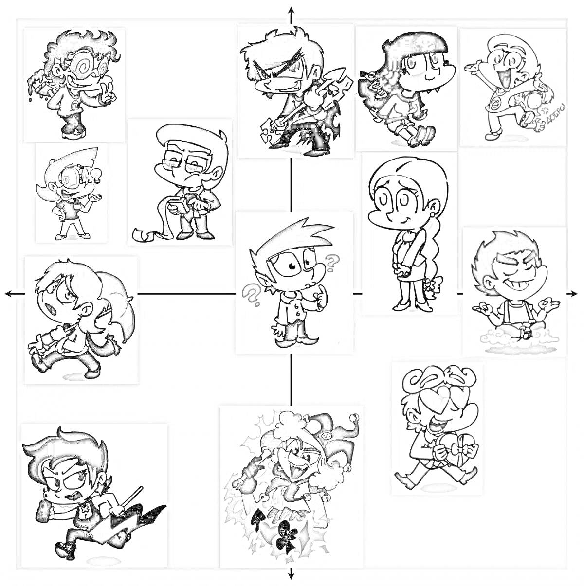 Раскраска Комикс персонажи с различными позами и действиями (держащие предметы, в динамике, с оружием, на скейте)