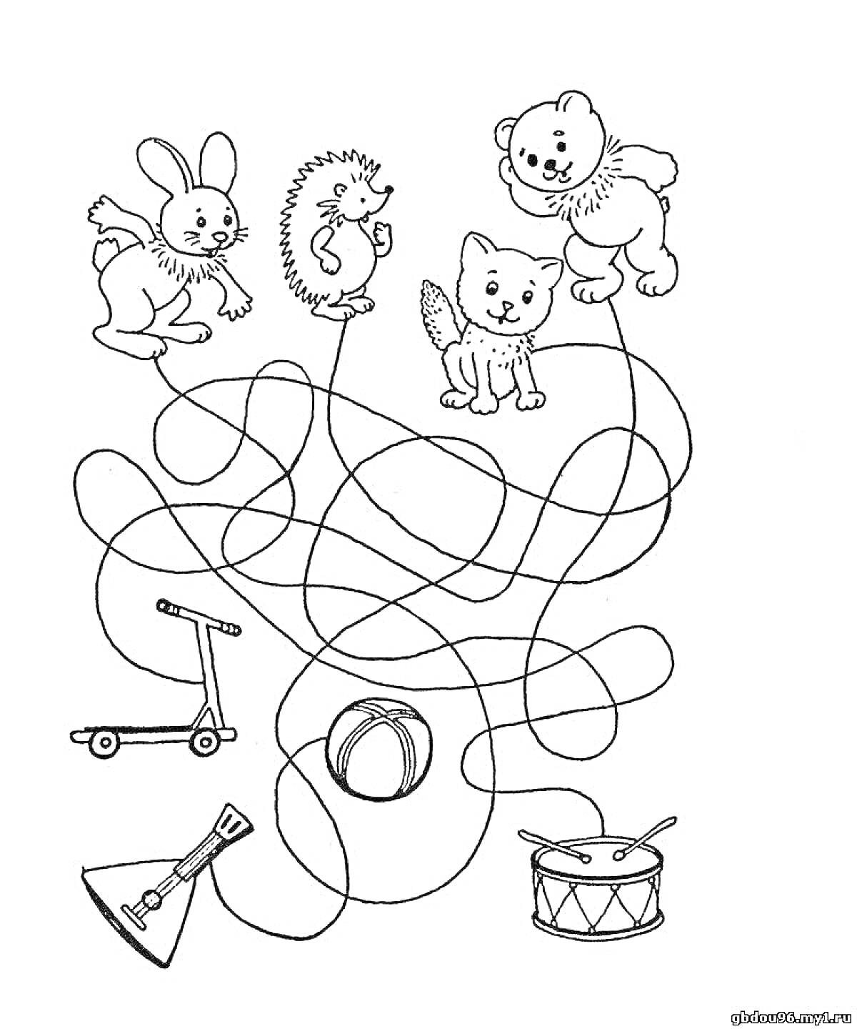 На раскраске изображено: Игра, Заяц, Медведь, Кот, Самокат, Юла, Барабан, Лабиринт, Для детей, Еж, Мячи