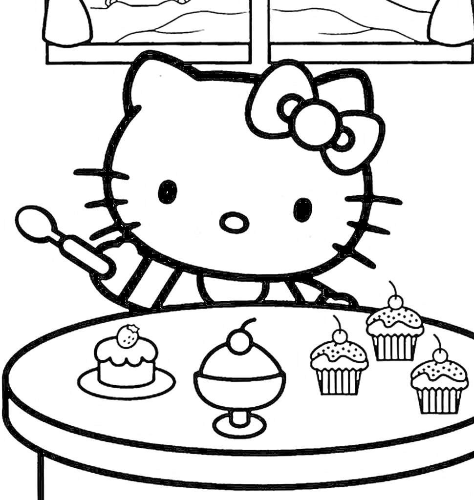 Раскраска Китти с десертами за столом возле окна