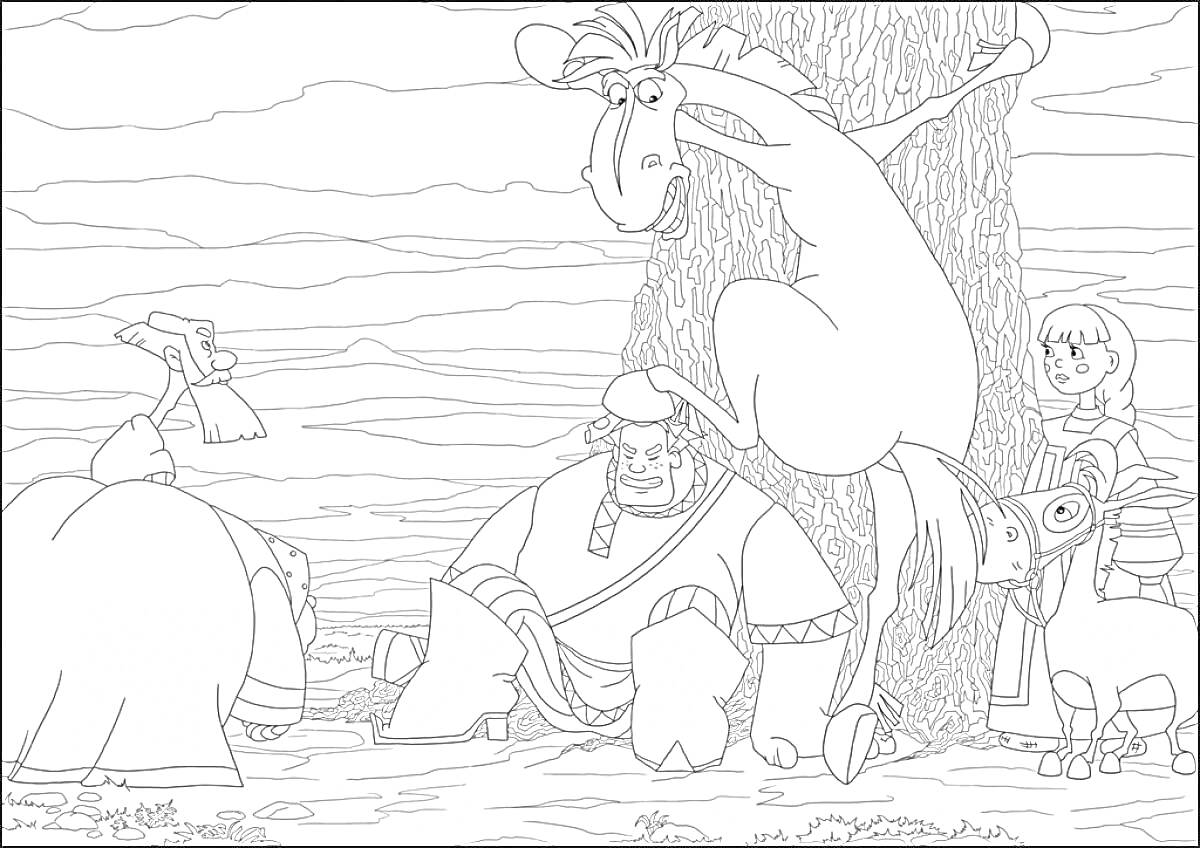 Раскраска Три Богатыря с конями под деревом на фоне леса