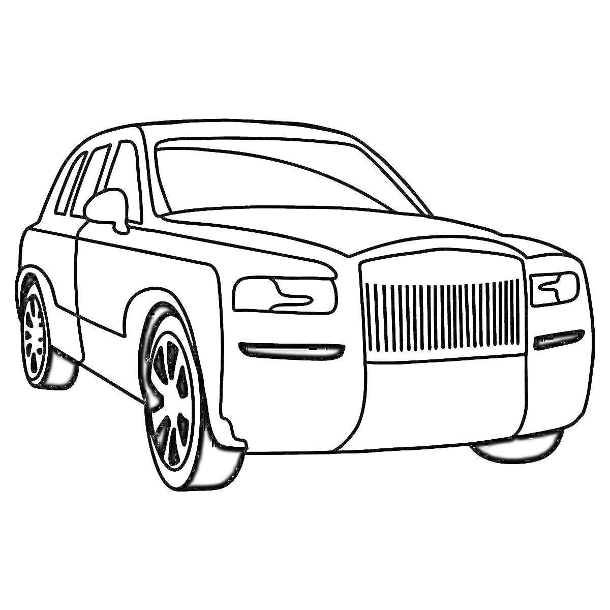 Раскраска Раскраска автомобиля Роллс Ройс Фантом с большими колесами и детализированной решеткой радиатора