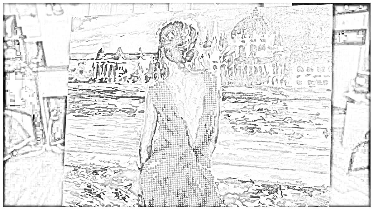 Раскраска Девушка в платье смотрит на город на берегу реки