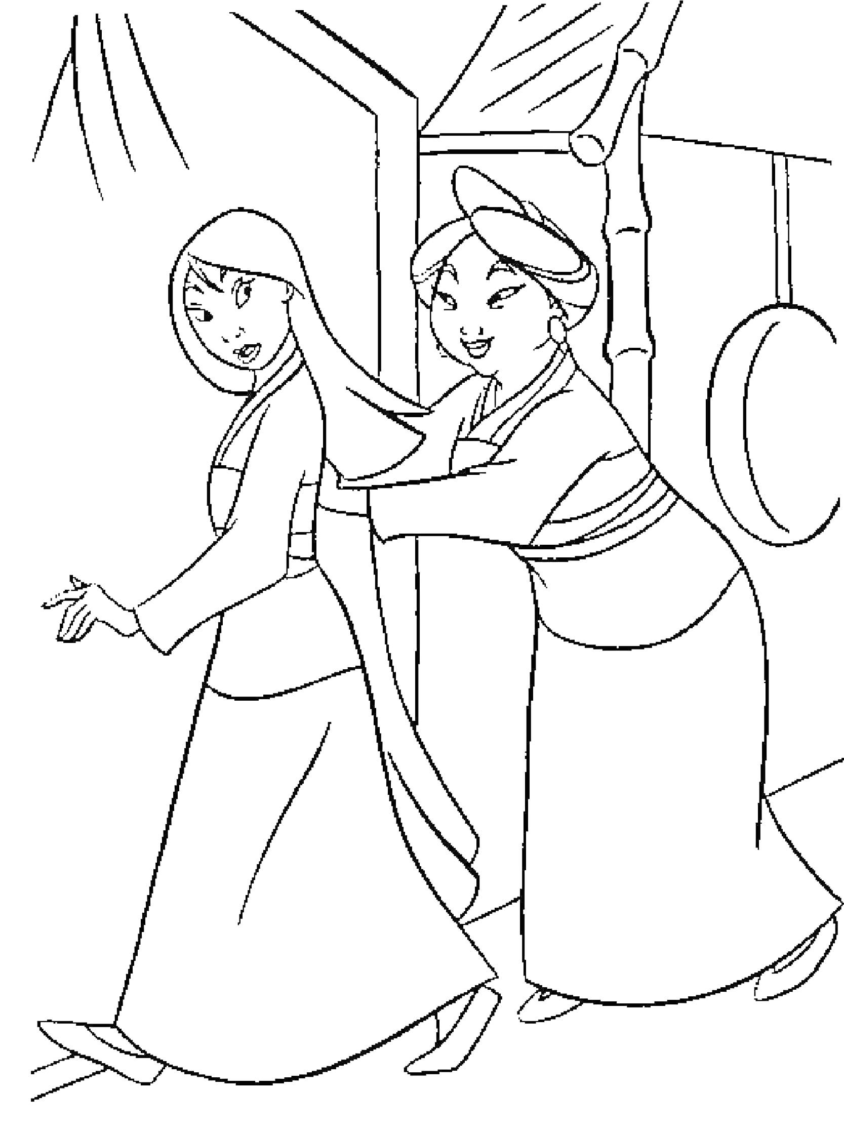 Раскраска Две женщины в традиционной китайской одежде стоят рядом с зданием