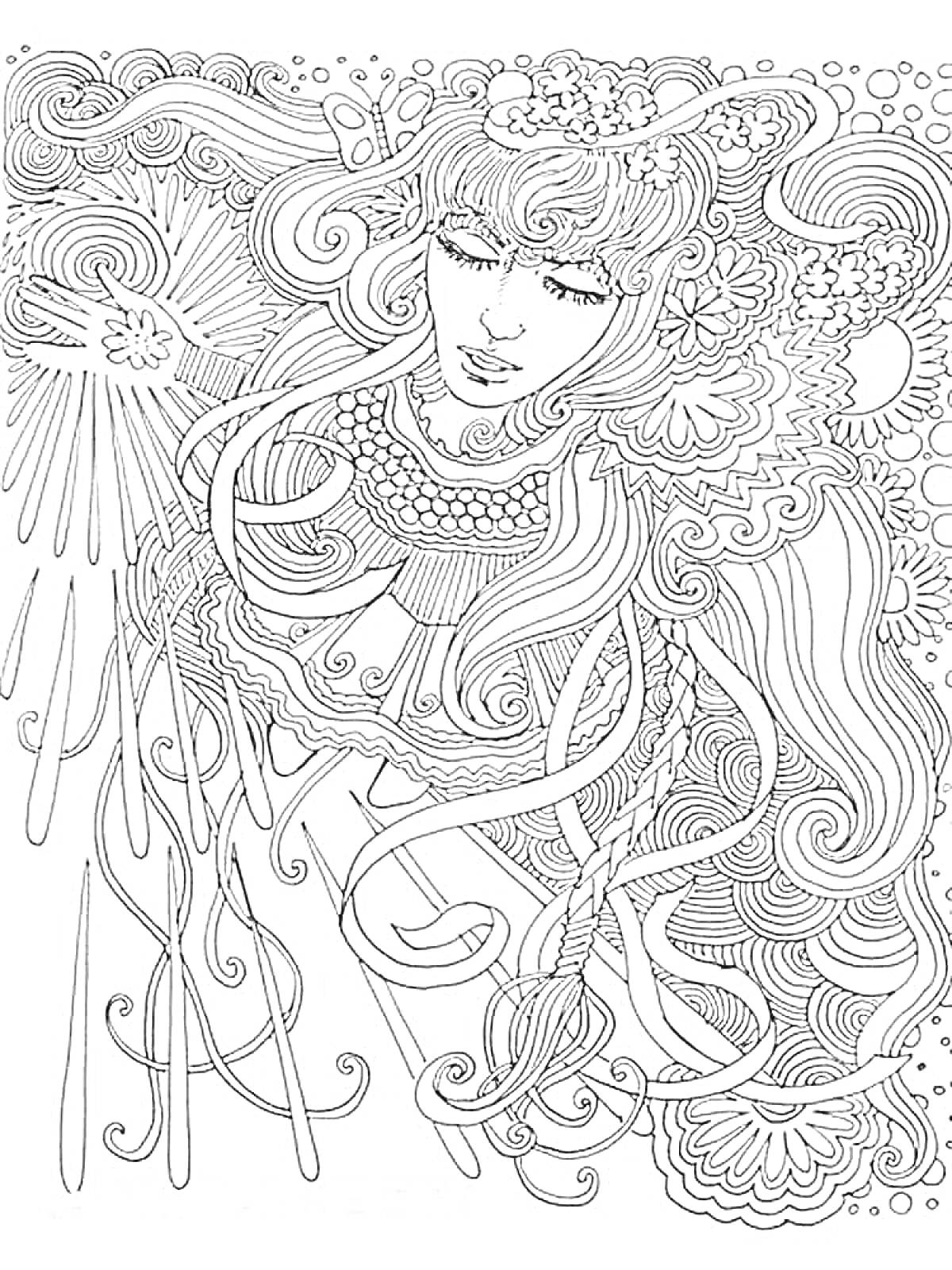 Раскраска Женщина с длинными волосами, окруженная цветочными и абстрактными элементами