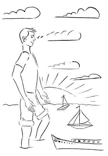 Раскраска Дядя Степа на берегу моря с кораблями на закате