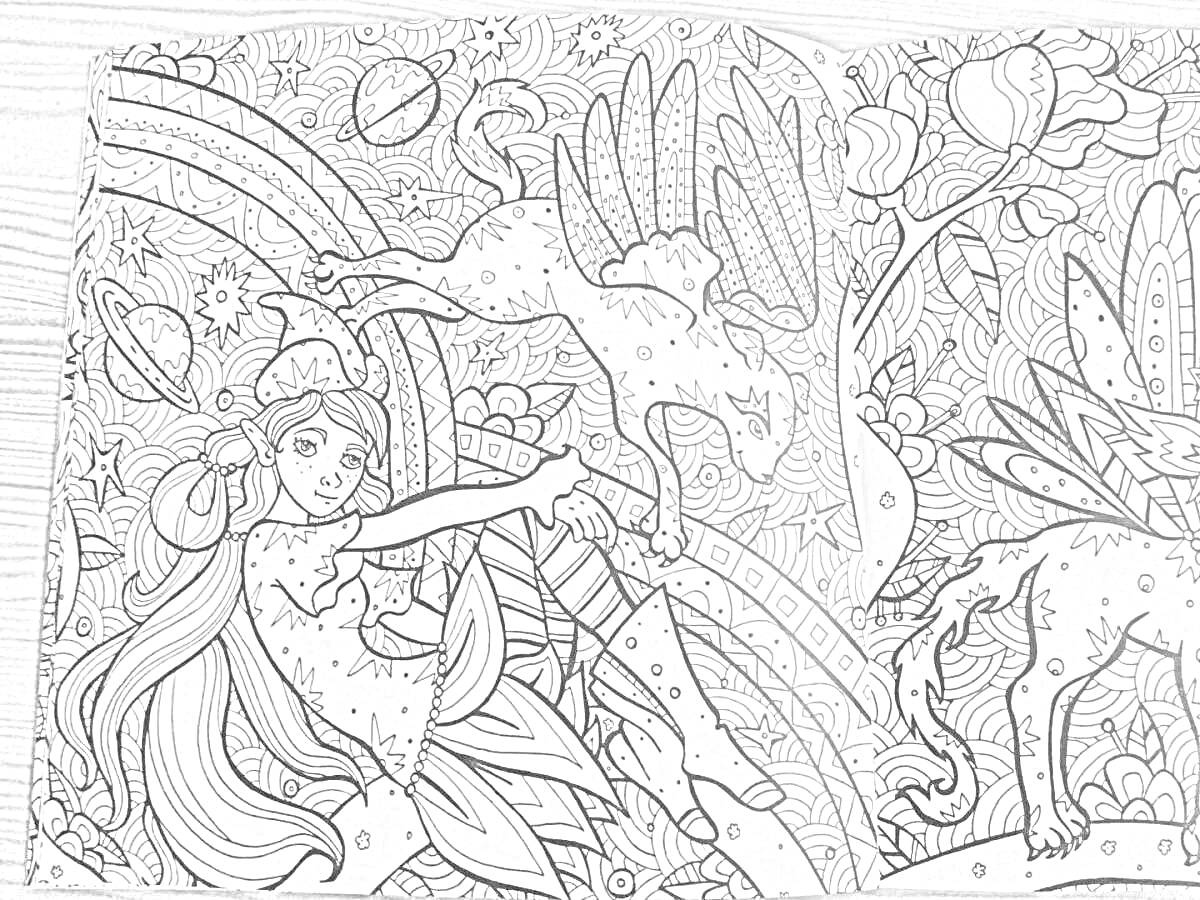 Раскраска Фея и волшебные существа в лесу с радугой