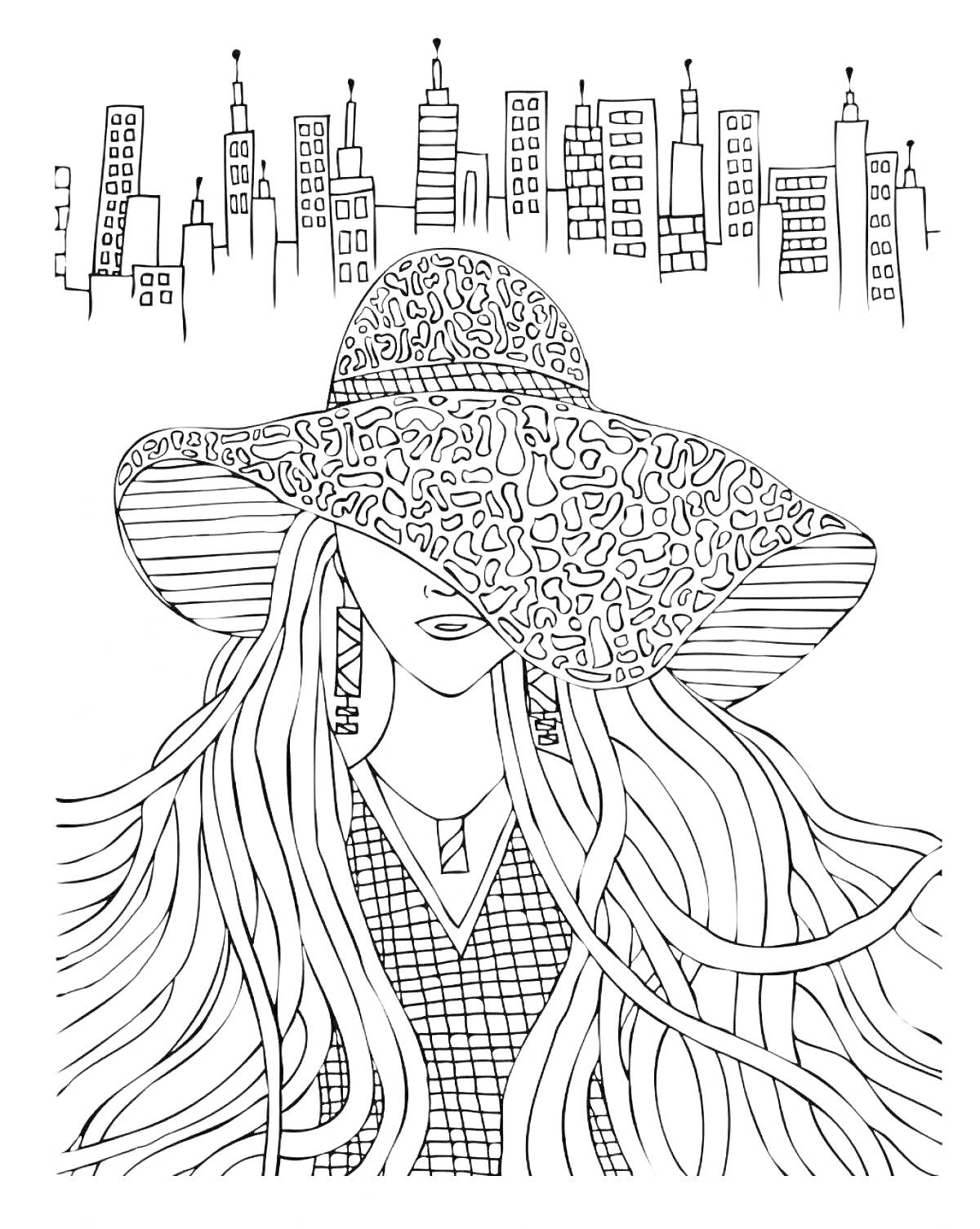 На раскраске изображено: Шляпа, Длинные волосы, Башни, Узоры, Городской пейзаж