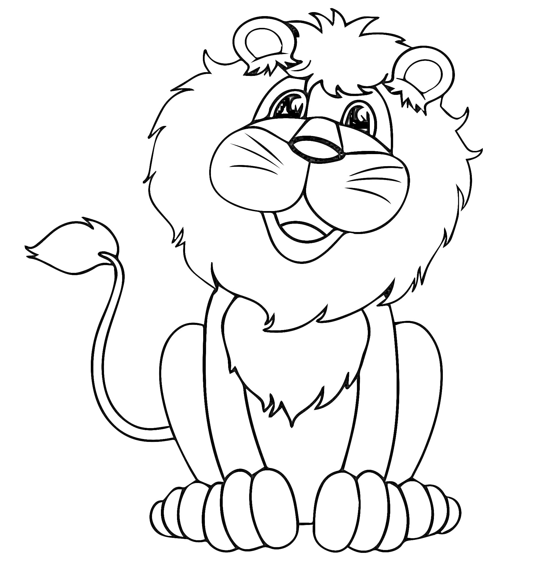 На раскраске изображено: Лев, Животные, 3-4 года, Мультяшный лев, Сидящий лев, Грива