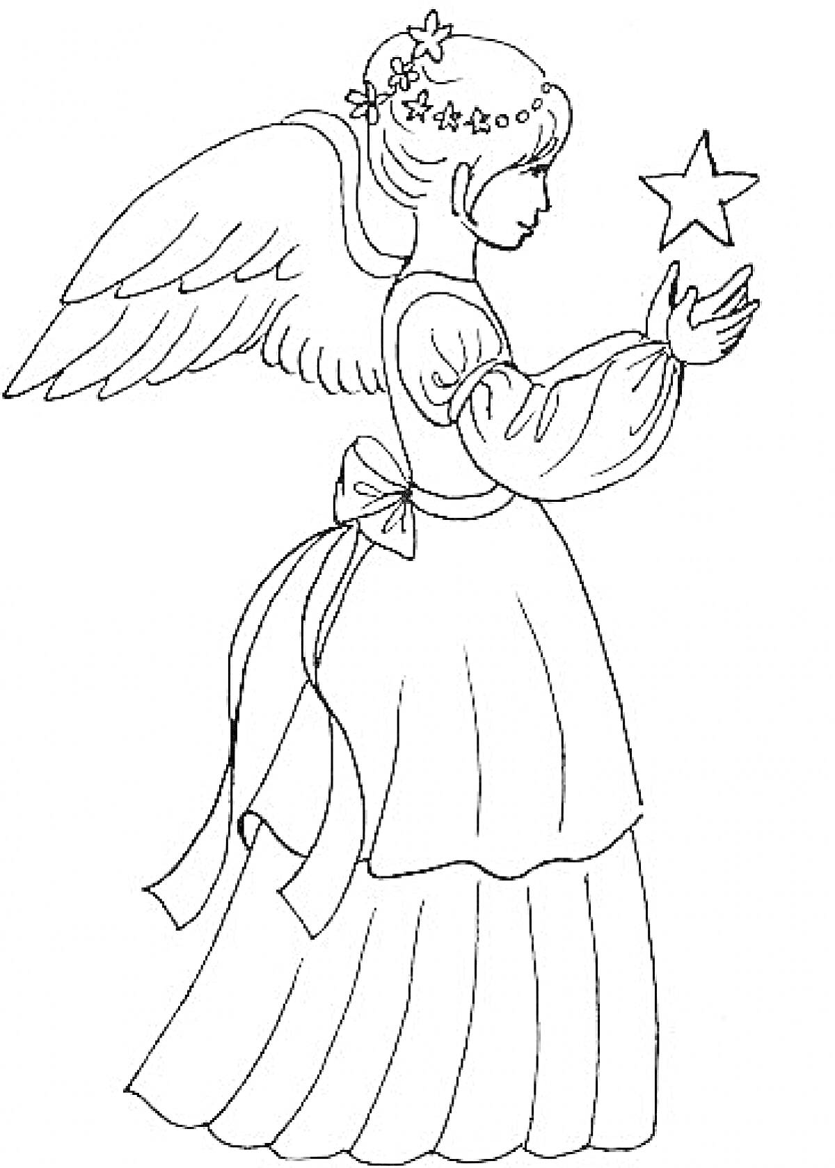 Раскраска Ангел с венком на голове и звездой в руках