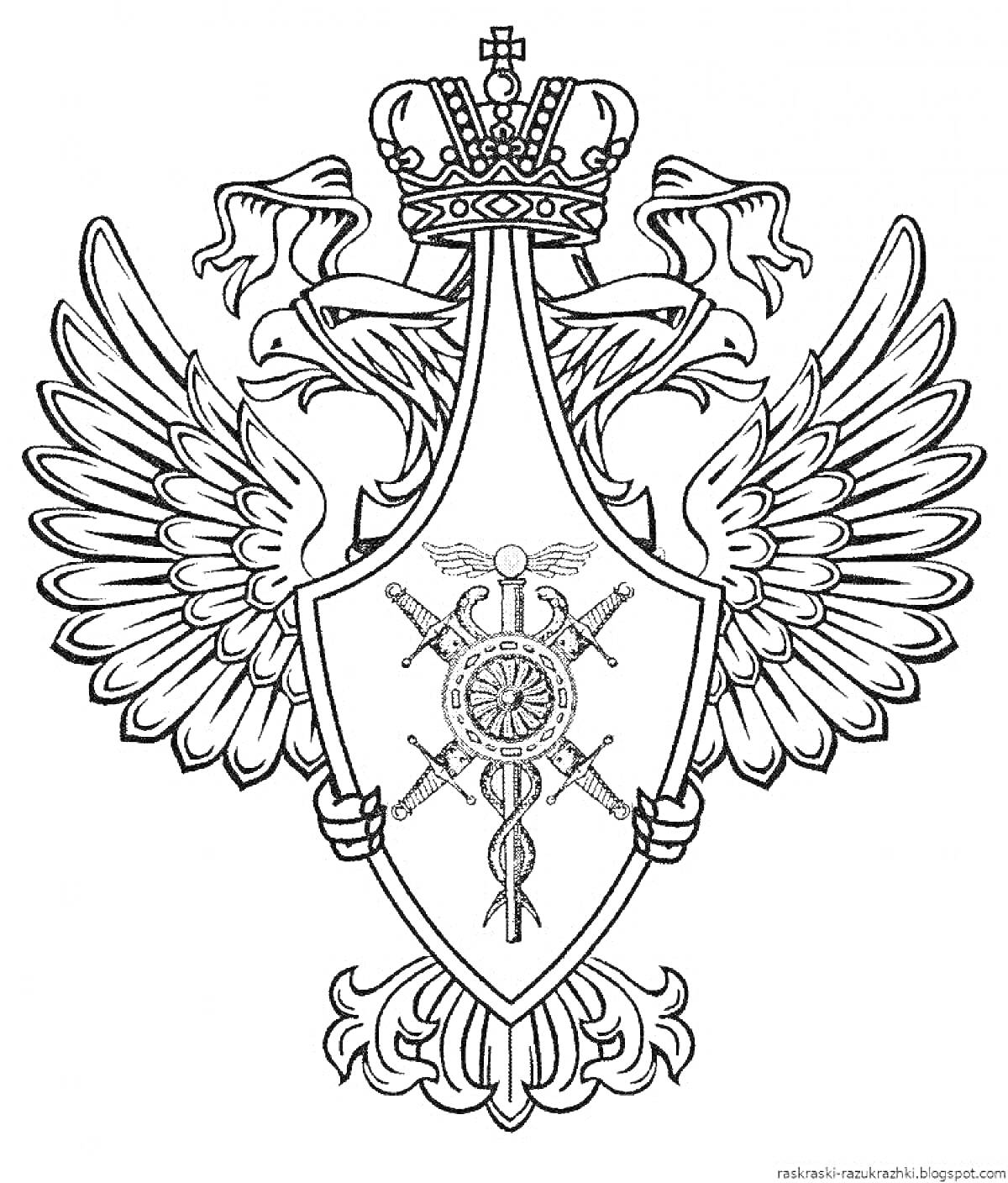 На раскраске изображено: Герб России, Двуглавый орел, Корона, Держава, Крест, Оружие