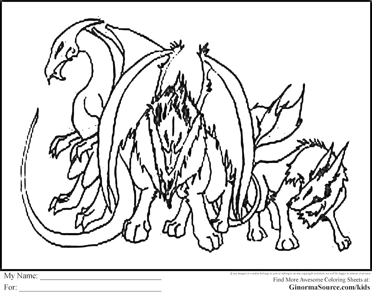 Раскраска Ужасающий дракон, ударный дракон и сильный волк