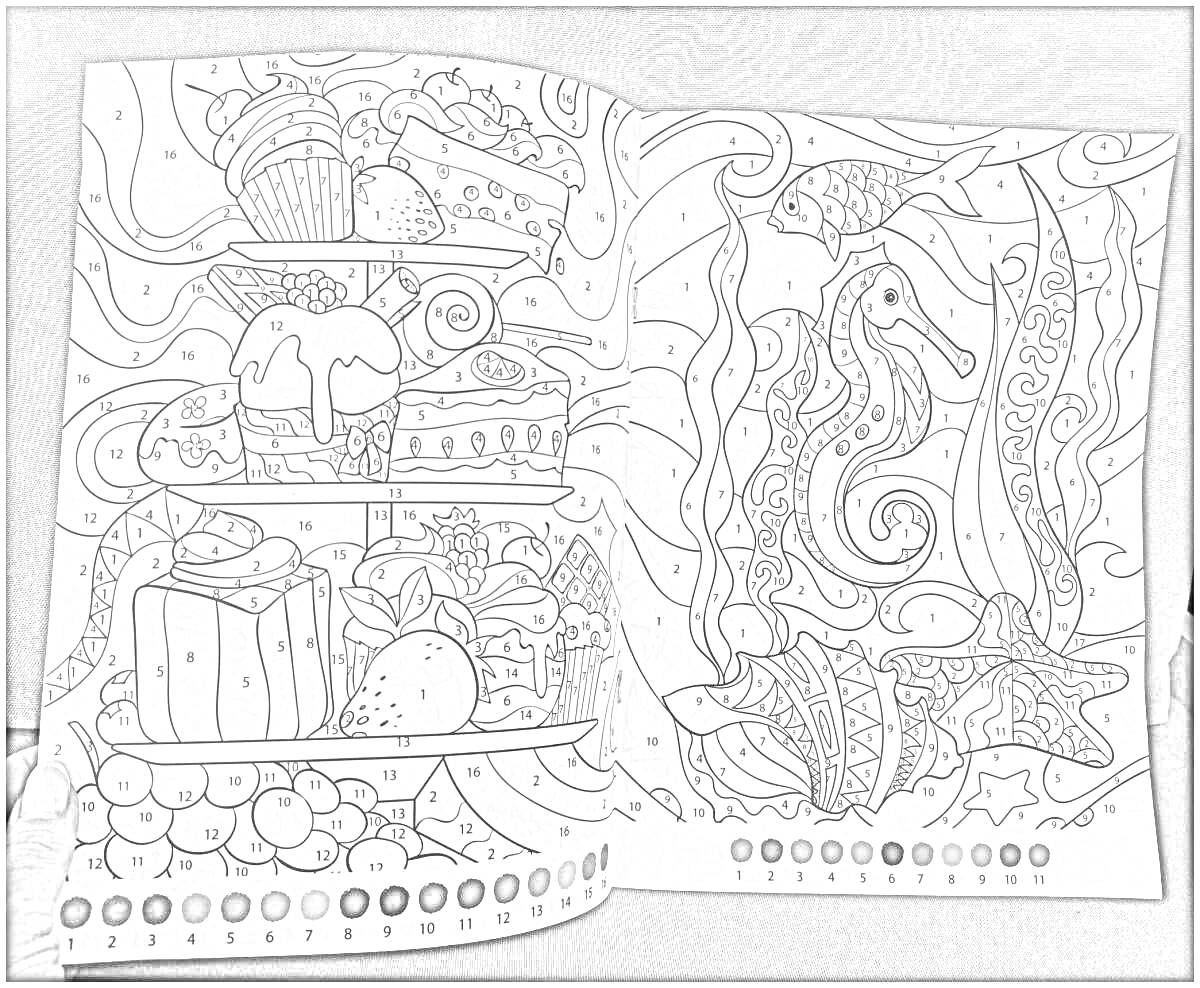 Раскраска Антистресс раскраска по номерам с пирожными, тортами, фруктами, морскими коньками, рыбами, звездами и водорослями