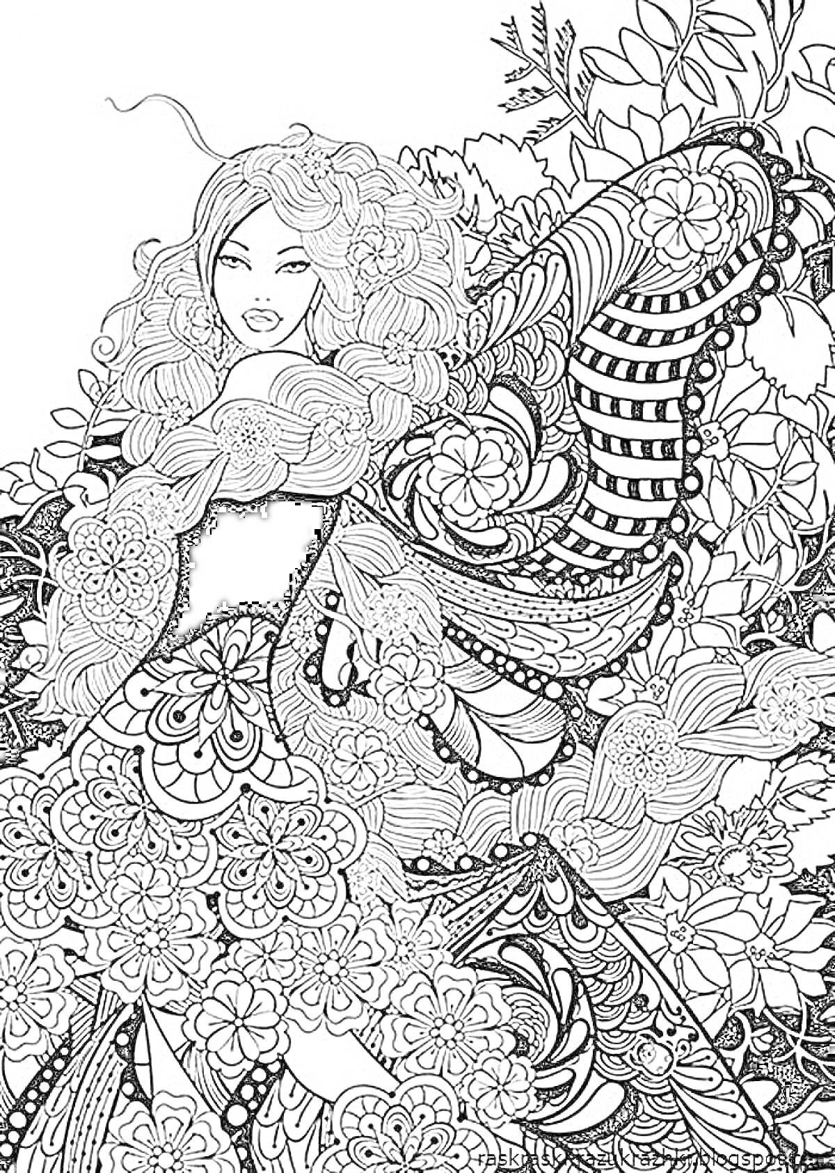 На раскраске изображено: Длинные волосы, Цветы, Узоры, Природа, Девочка, Бабочка