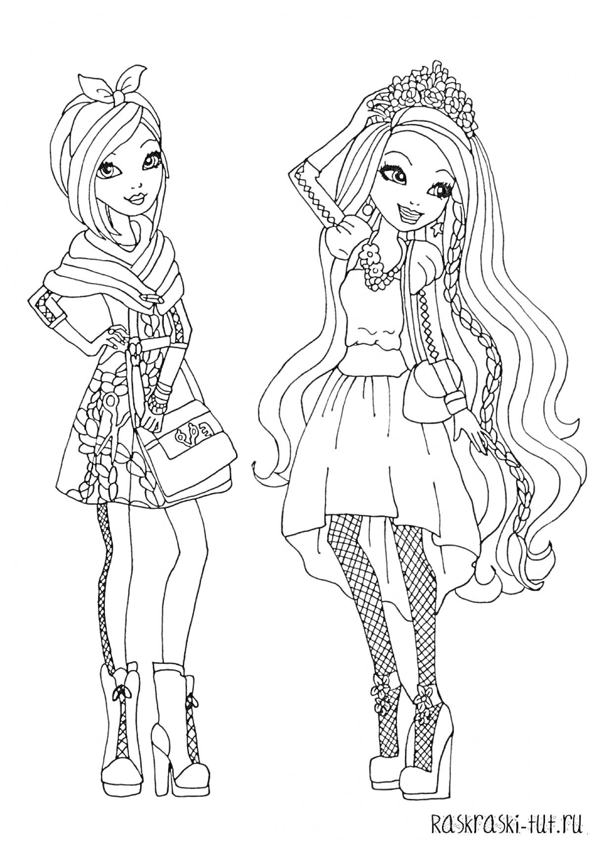 Раскраска Две модные девушки в платьях и на высоких каблуках