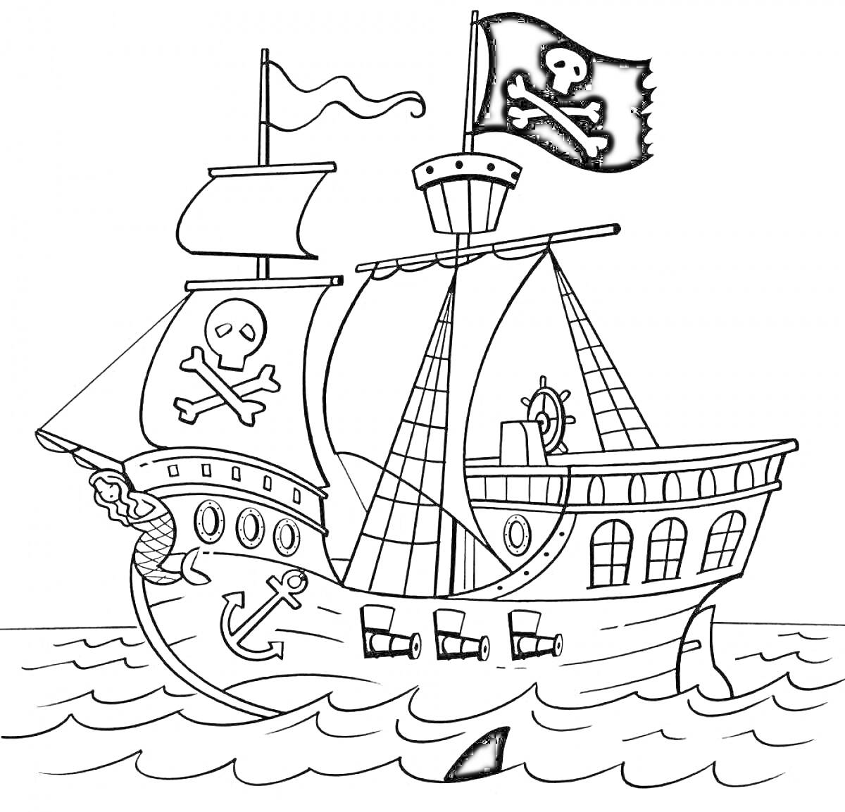 На раскраске изображено: Пиратский корабль, Череп и кости, Штурвал, Паруса, Флаг, Море, Волны