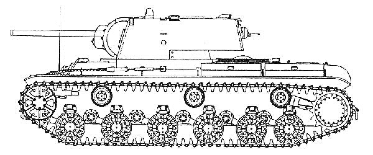 Раскраска Советский тяжелый танк КВ-1 с пушкой, гусеницами и боковым видом