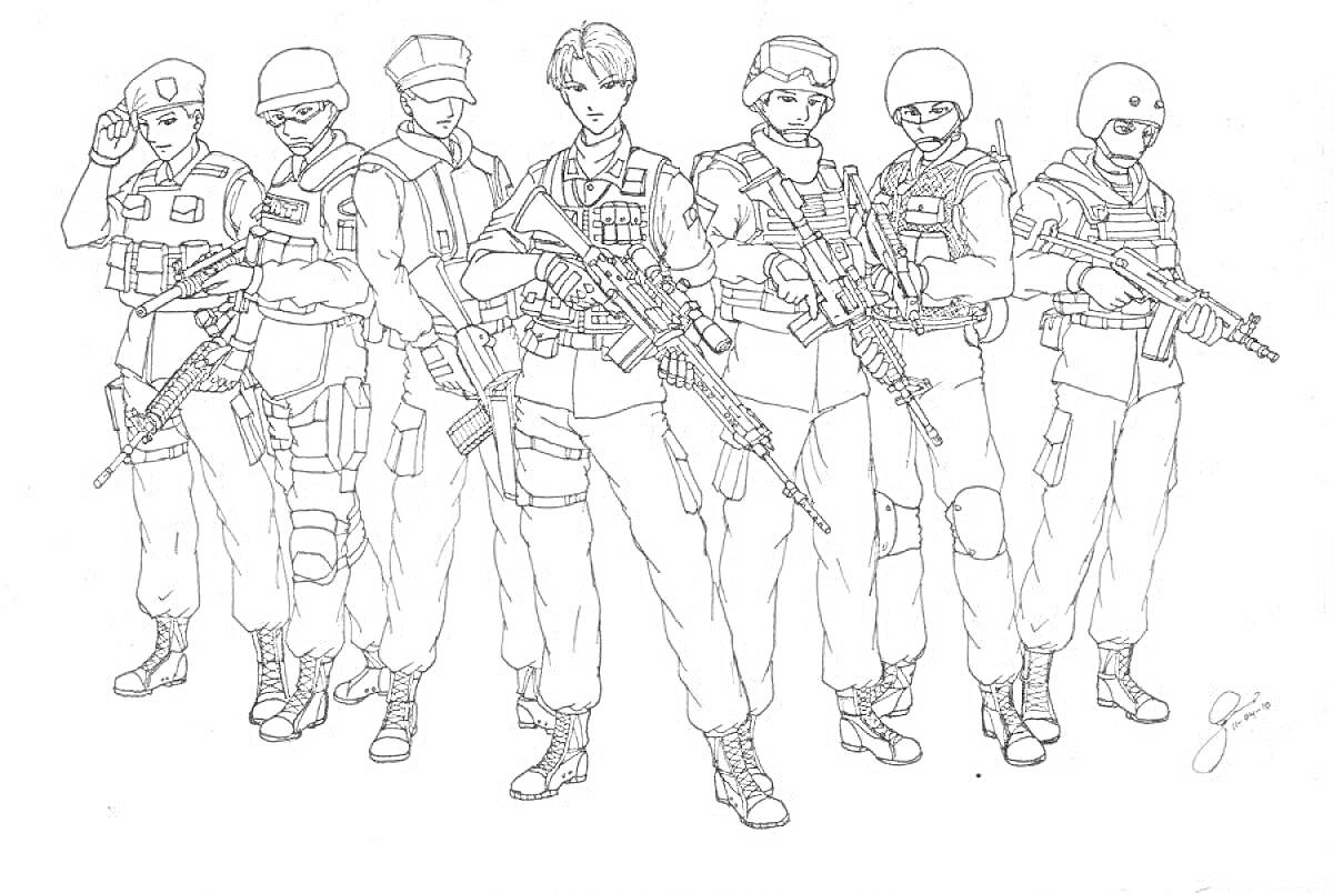Раскраска Семеро бойцов спецназа в полной экипировке с оружием