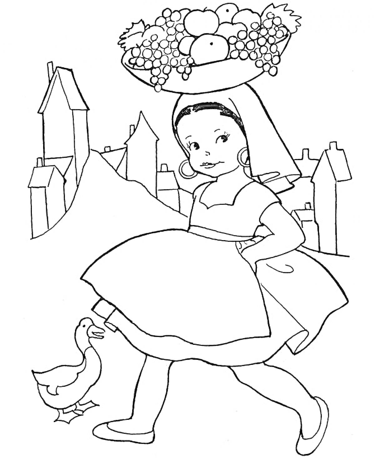 Девочка с корзиной фруктов на голове и уткой на фоне итальянского города