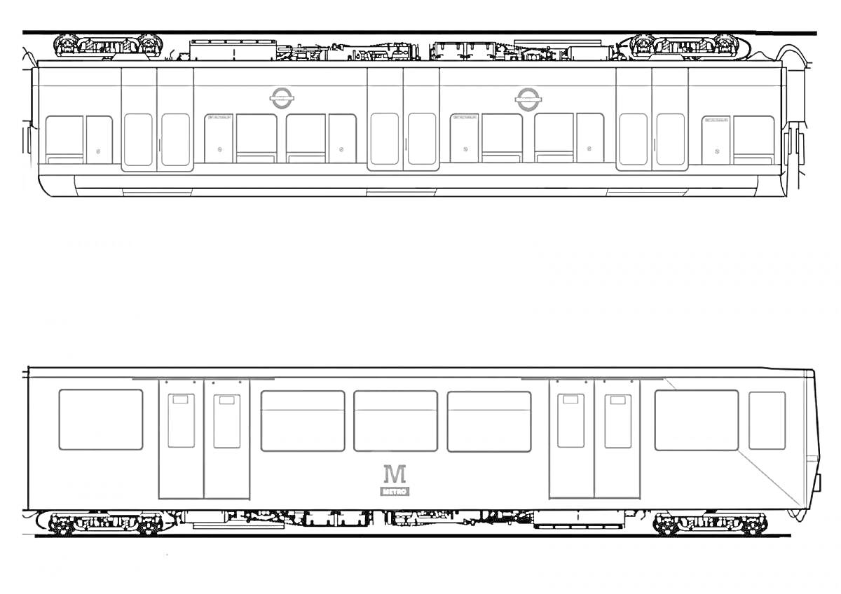 Раскраска Вагон метро с деталями, включающими окна, двери, колеса и механизмы на крыше.