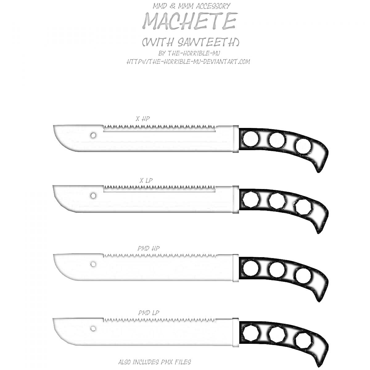 Раскраска Четыре разных мачете с зубчатыми лезвиями и черными рукоятками с отверстиями