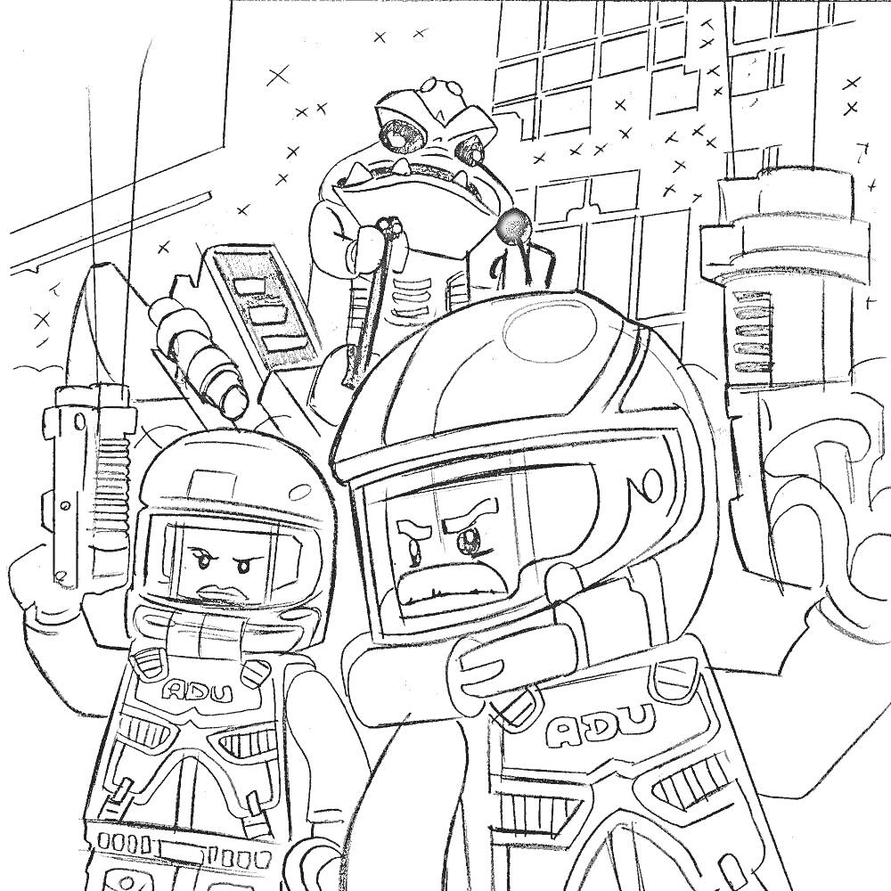 Раскраска Лего Звездные войны - космические солдаты и инопланетянин в сражении
