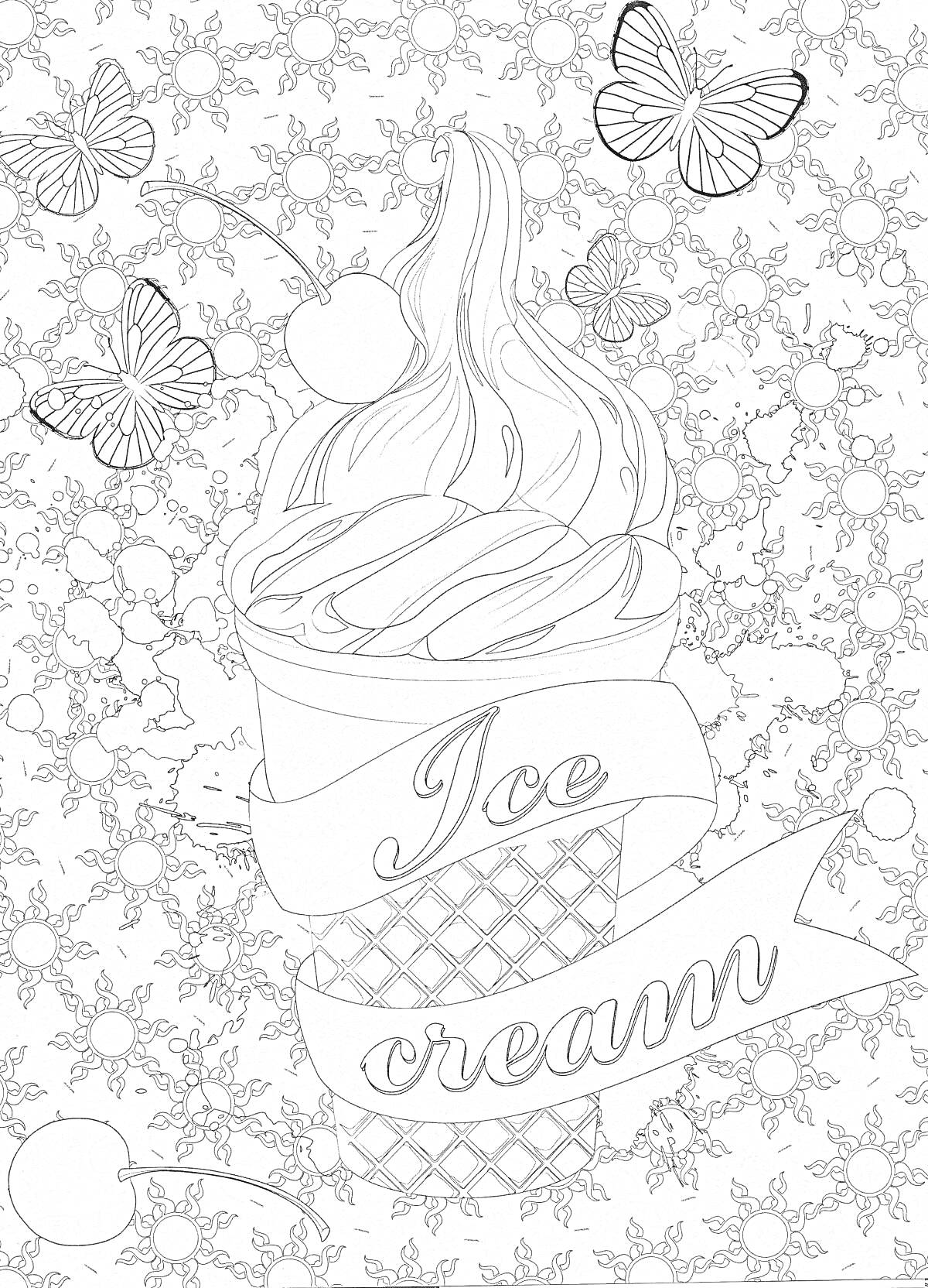 Раскраска Мороженое в вафельном рожке с вишнями и бабочками на фоне цветов