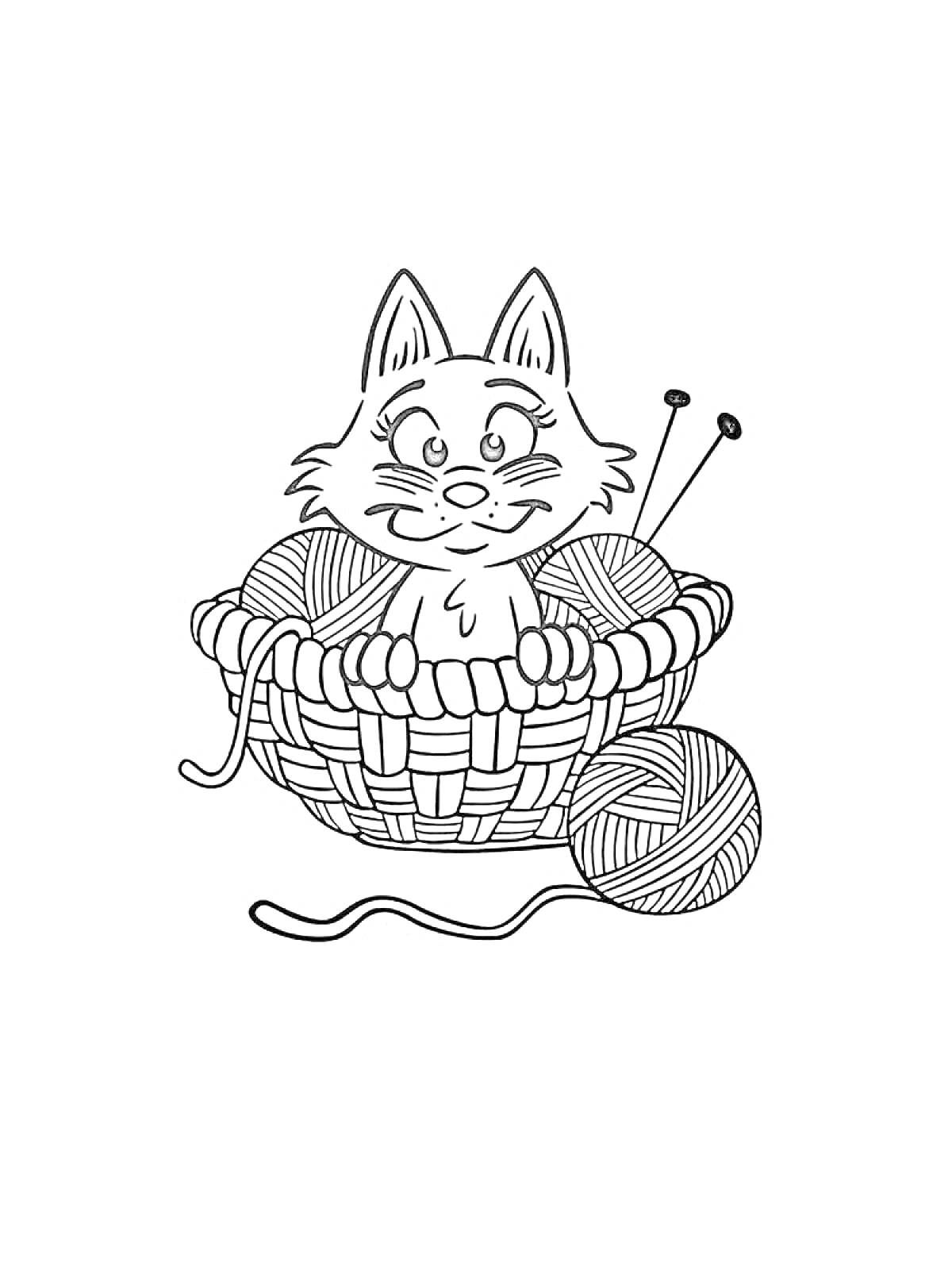Раскраска Кошка в корзине с клубками ниток и вязальными спицами