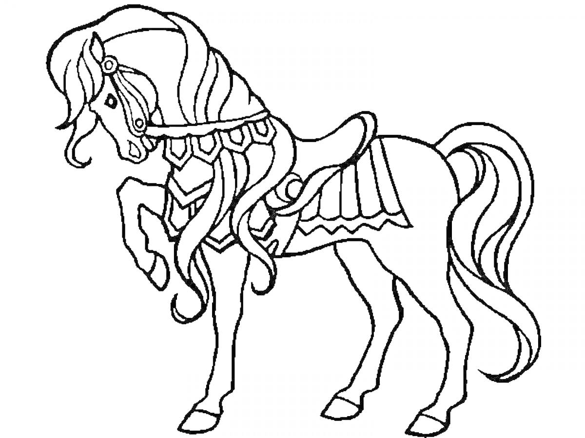 Раскраска Лошадь с длинной гривой и украшенной уздечкой