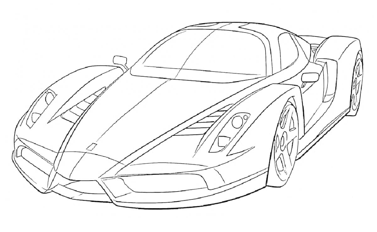 Раскраска Спортивный суперкар с аэродинамическим корпусом, пятью фарами, боковыми зеркалами и крупными колесами