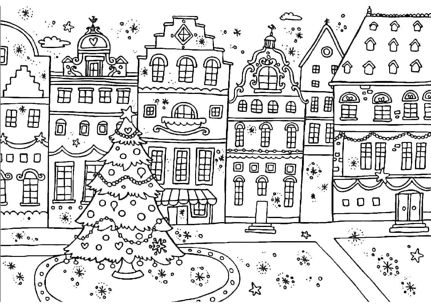 Раскраска Новогодний город с украшенной елкой, фасадами домов и звездами на небе