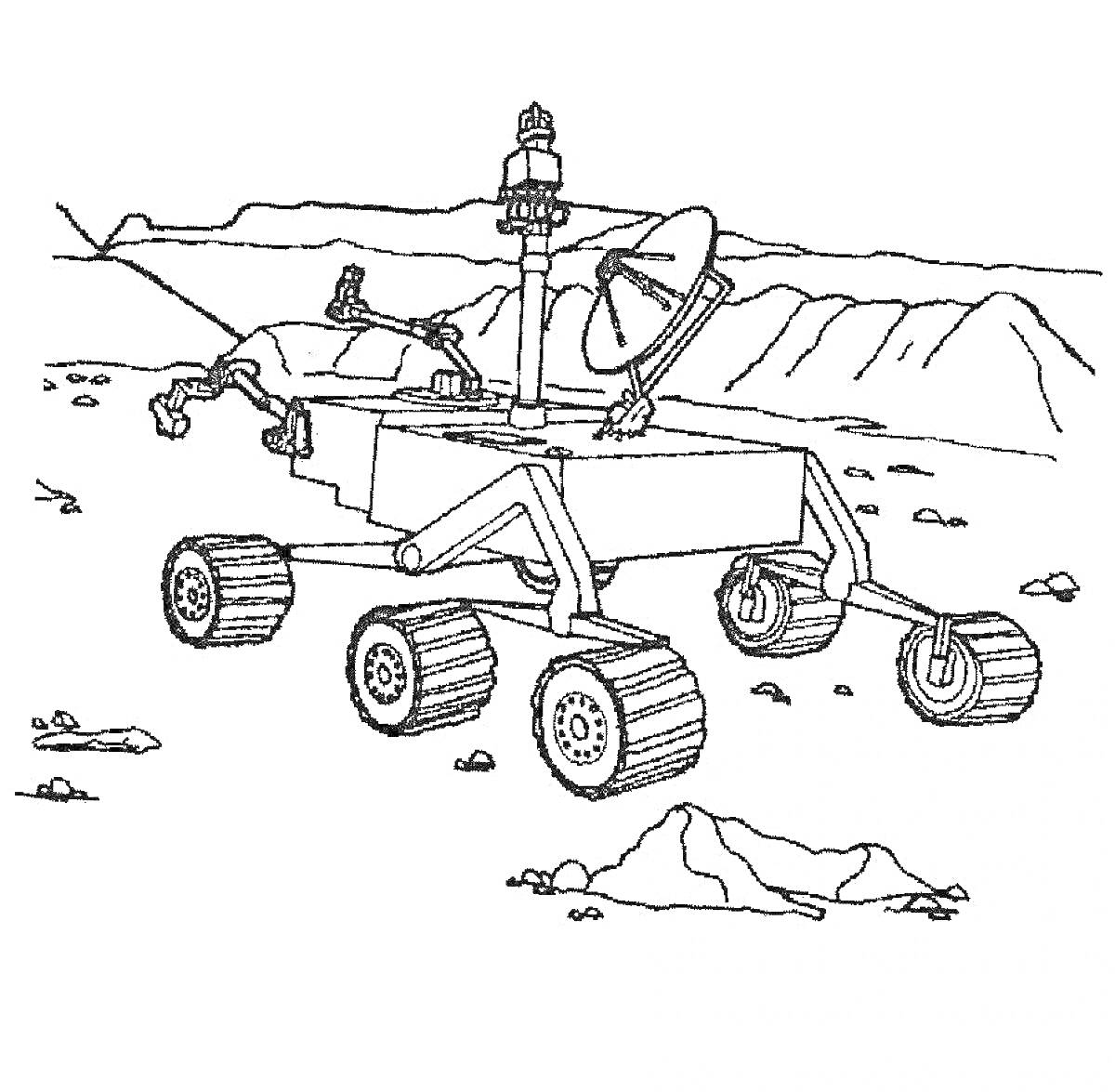 Раскраска Луноход в лунном ландшафте с радиочастотной антенной и гористым фоном