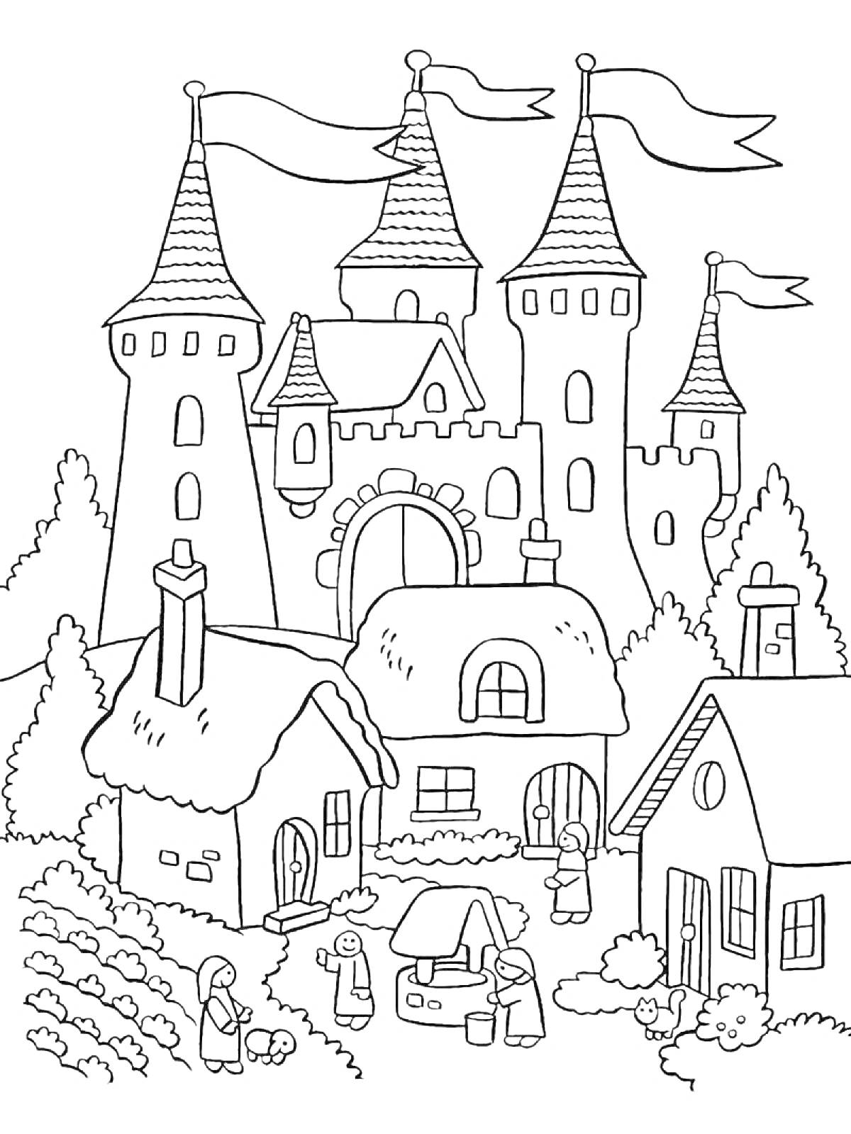 Раскраска Замок с башнями, домами и людьми
