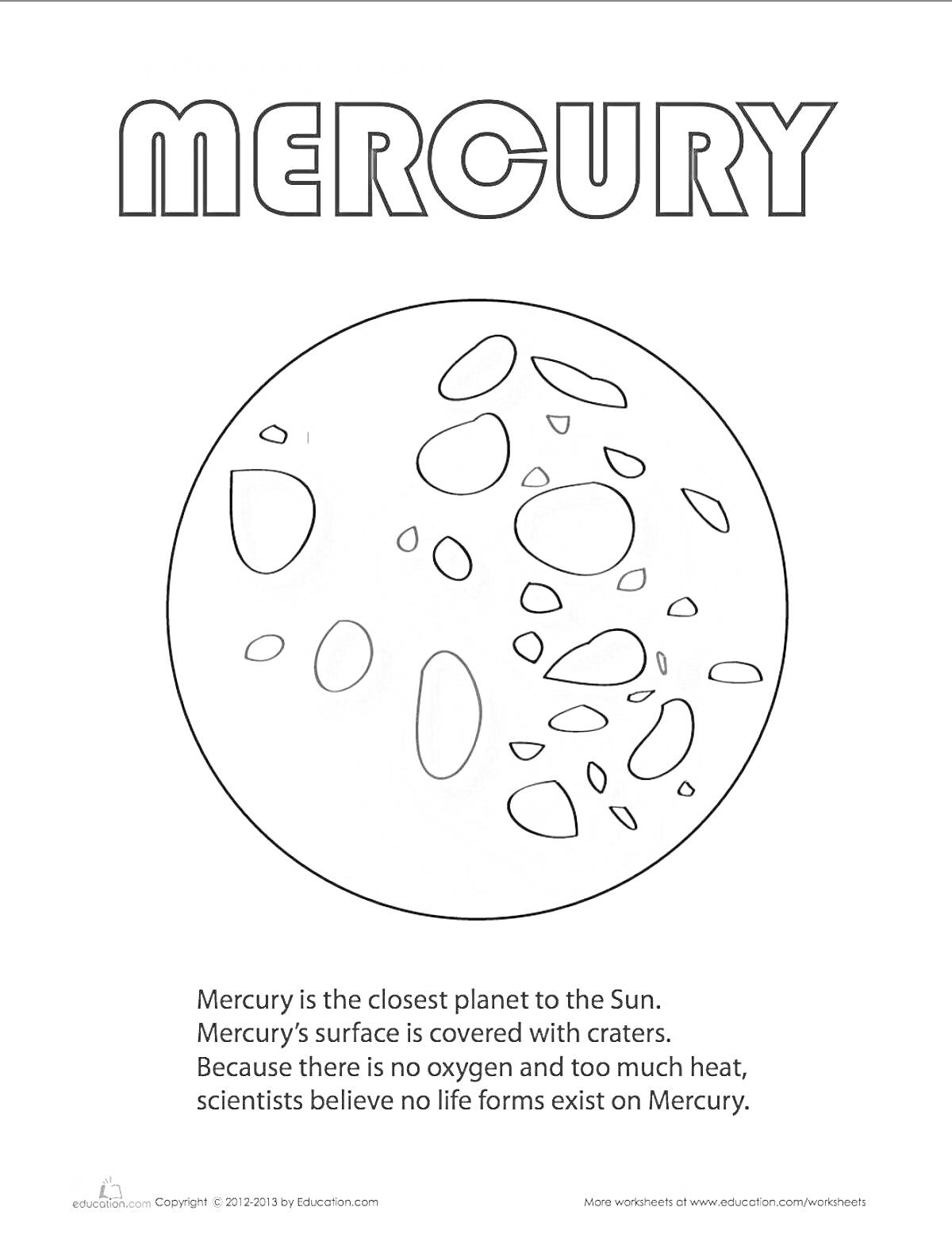 На раскраске изображено: Меркурий, Космос, Кратеры, Наука, Астрономия, Земля, Образование